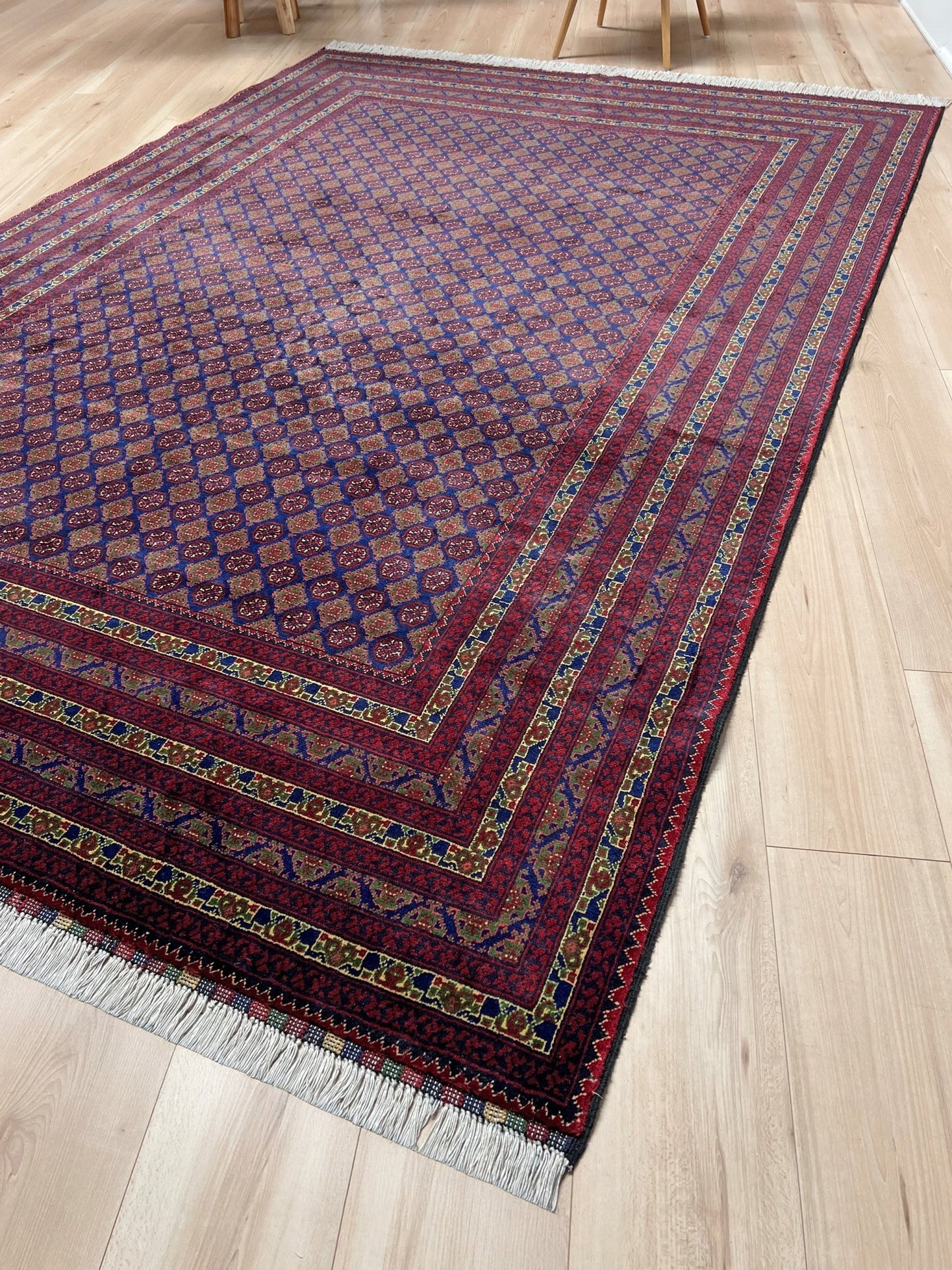 deep indigo blue turkmen khoja roshnai rug 7x9 tribal gul pattern afghan handmade merino wool rug silky sheen indigo rugs san francisco bay area