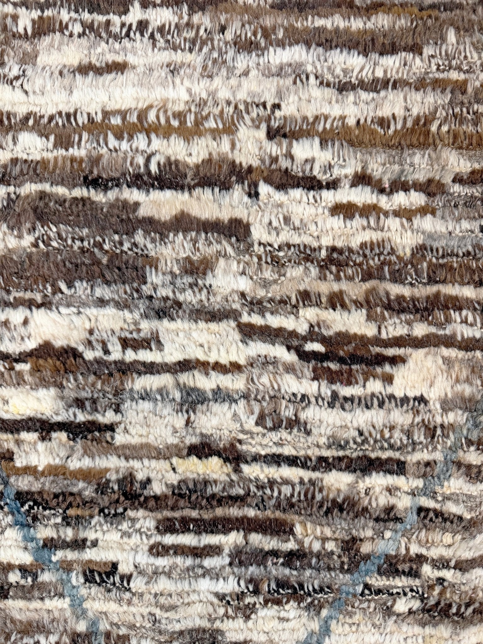 Square 9x10 handmade Turkish Tulu rug with ivory and brown textured wool pile, subtle diamond lattice design — shown at Indigo Rugs, Burlingame — San Francisco Bay Area with free shipping