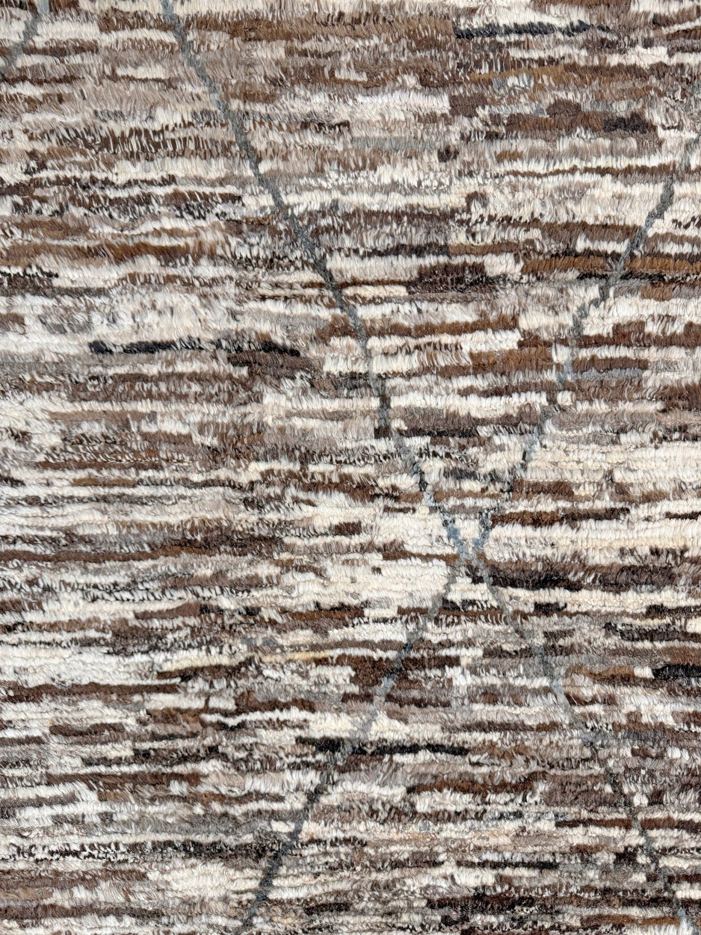 Square 9x10 handmade Turkish Tulu rug with ivory and brown textured wool pile, subtle diamond lattice design — shown at Indigo Rugs, Burlingame — San Francisco Bay Area with free shipping