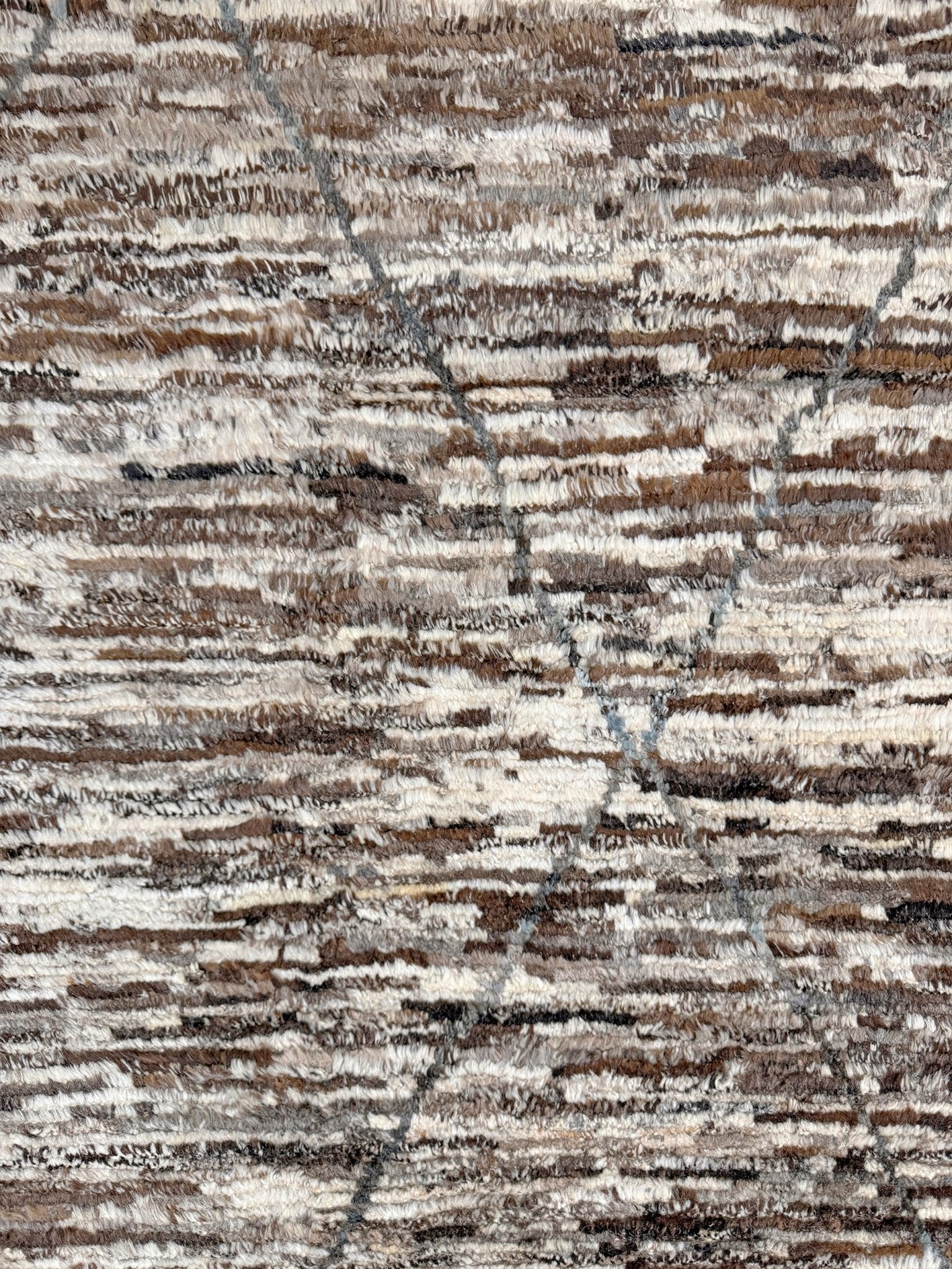 Square 9x10 handmade Turkish Tulu rug with ivory and brown textured wool pile, subtle diamond lattice design — shown at Indigo Rugs, Burlingame — San Francisco Bay Area with free shipping