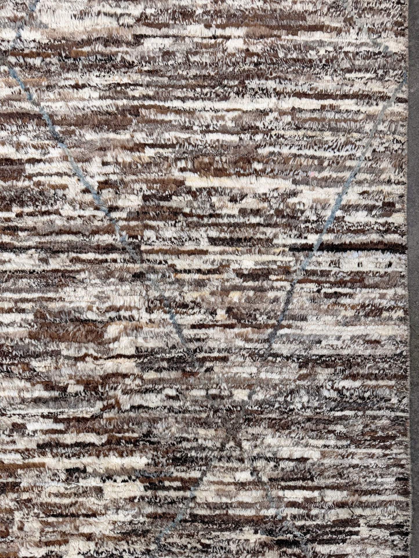 Square 9x10 handmade Turkish Tulu rug with ivory and brown textured wool pile, subtle diamond lattice design — shown at Indigo Rugs, Burlingame — San Francisco Bay Area with free shipping