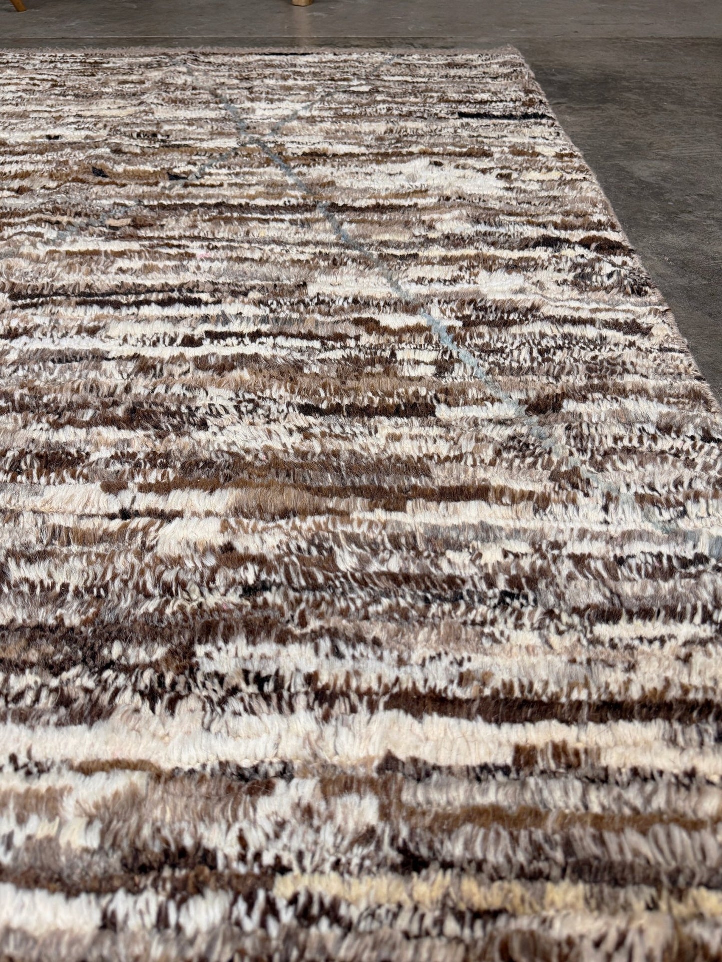 Square 9x10 handmade Turkish Tulu rug with ivory and brown textured wool pile, subtle diamond lattice design — shown at Indigo Rugs, Burlingame — San Francisco Bay Area with free shipping