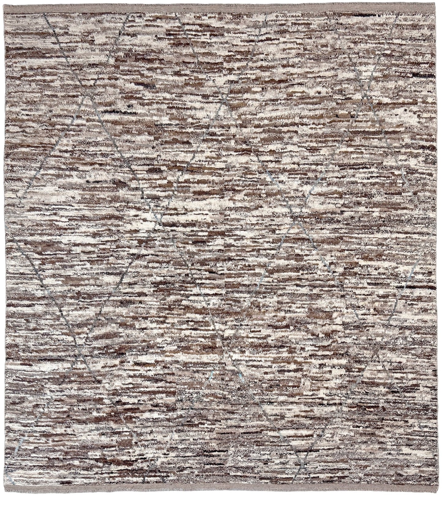 Square 9x10 handmade Turkish Tulu rug with ivory and brown textured wool pile, subtle diamond lattice design — shown at Indigo Rugs, Burlingame — San Francisco Bay Area with free shipping