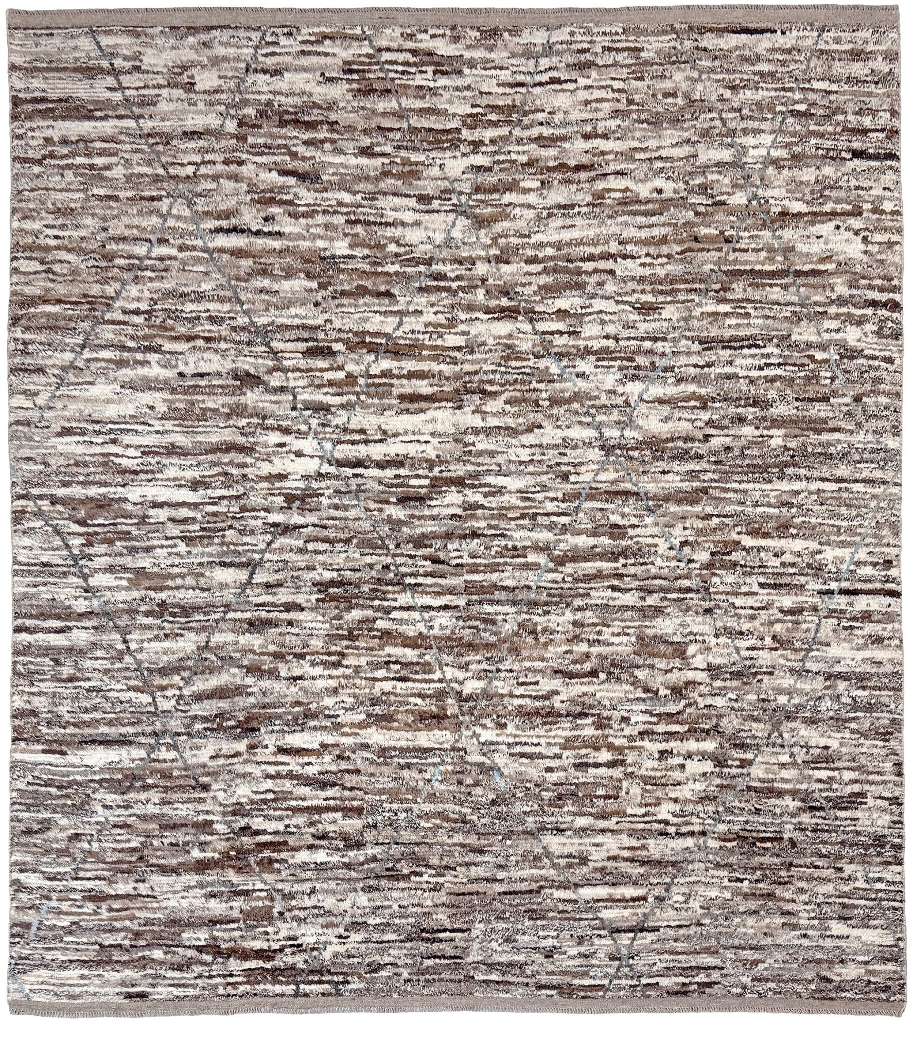 Square 9x10 handmade Turkish Tulu rug with ivory and brown textured wool pile, subtle diamond lattice design — shown at Indigo Rugs, Burlingame — San Francisco Bay Area with free shipping