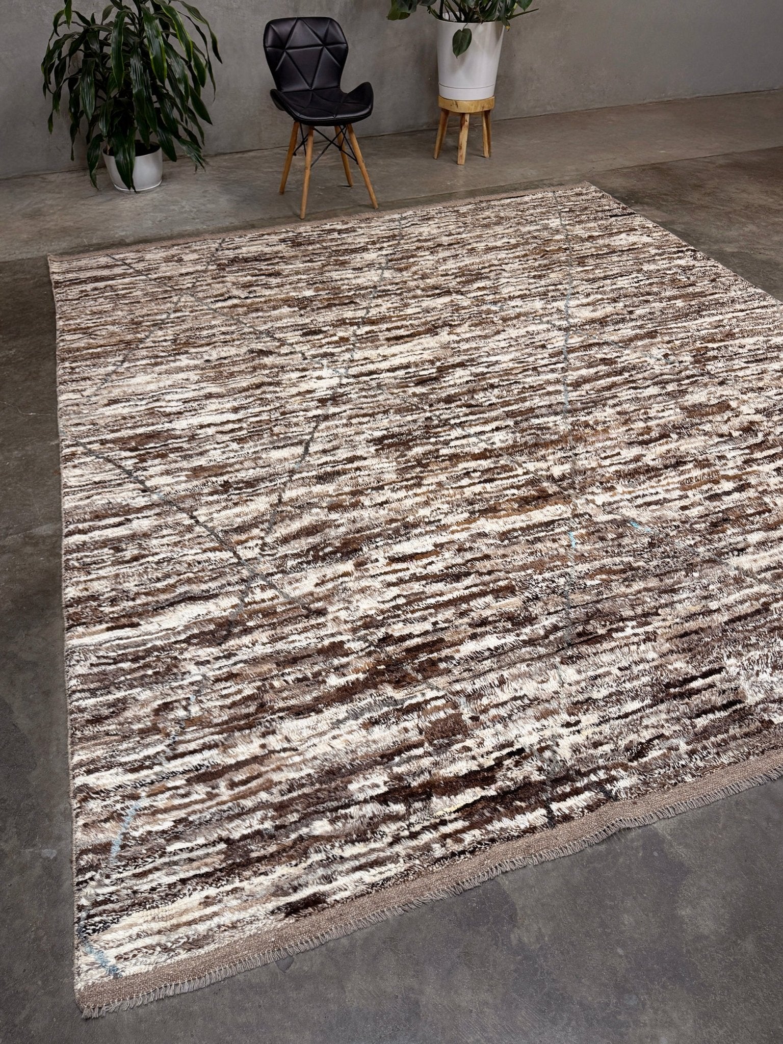 Square 9x10 handmade Turkish Tulu rug with ivory and brown textured wool pile, subtle diamond lattice design — shown at Indigo Rugs, Burlingame — San Francisco Bay Area with free shipping