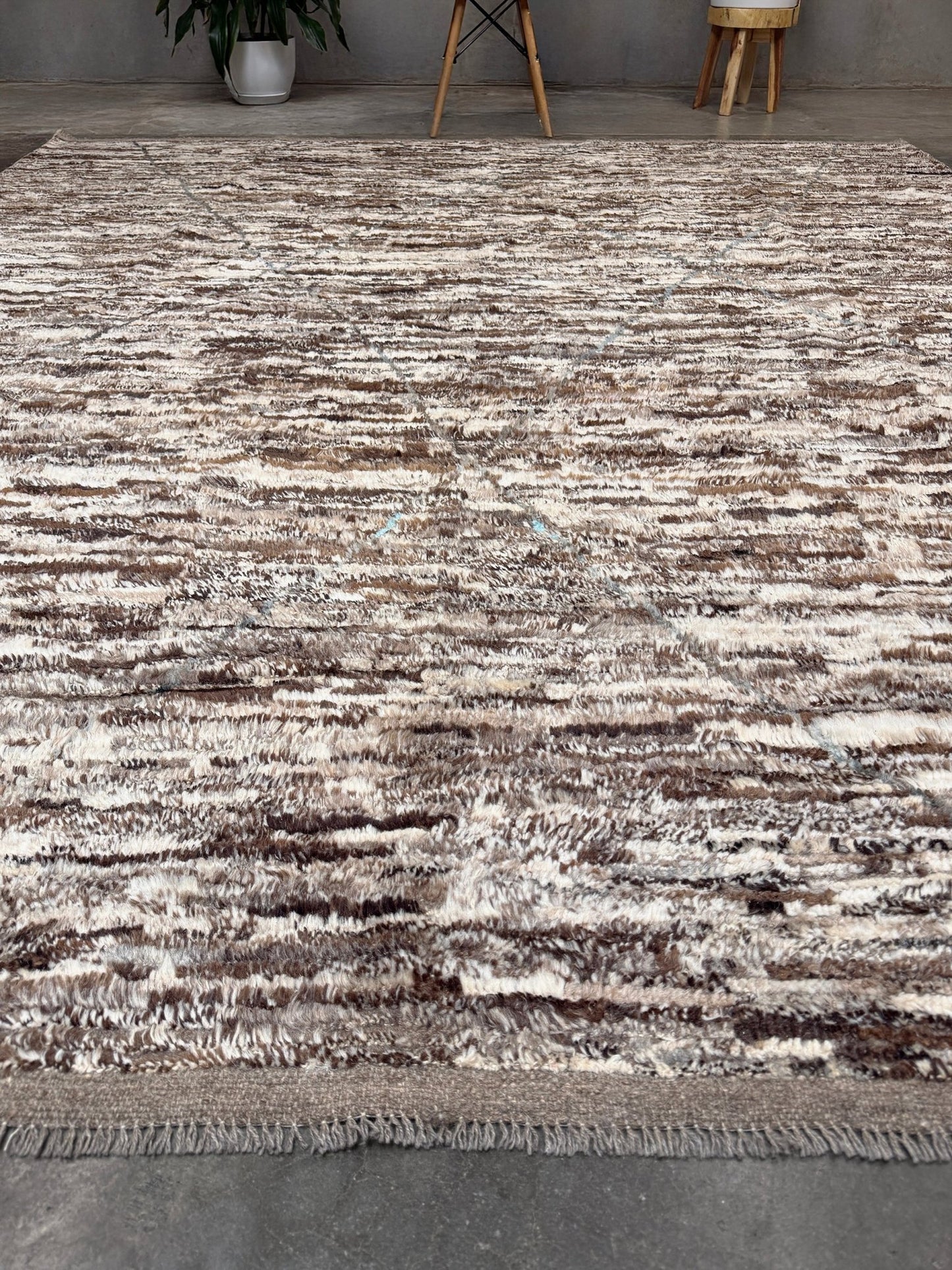 Square 9x10 handmade Turkish Tulu rug with ivory and brown textured wool pile, subtle diamond lattice design — shown at Indigo Rugs, Burlingame — San Francisco Bay Area with free shipping