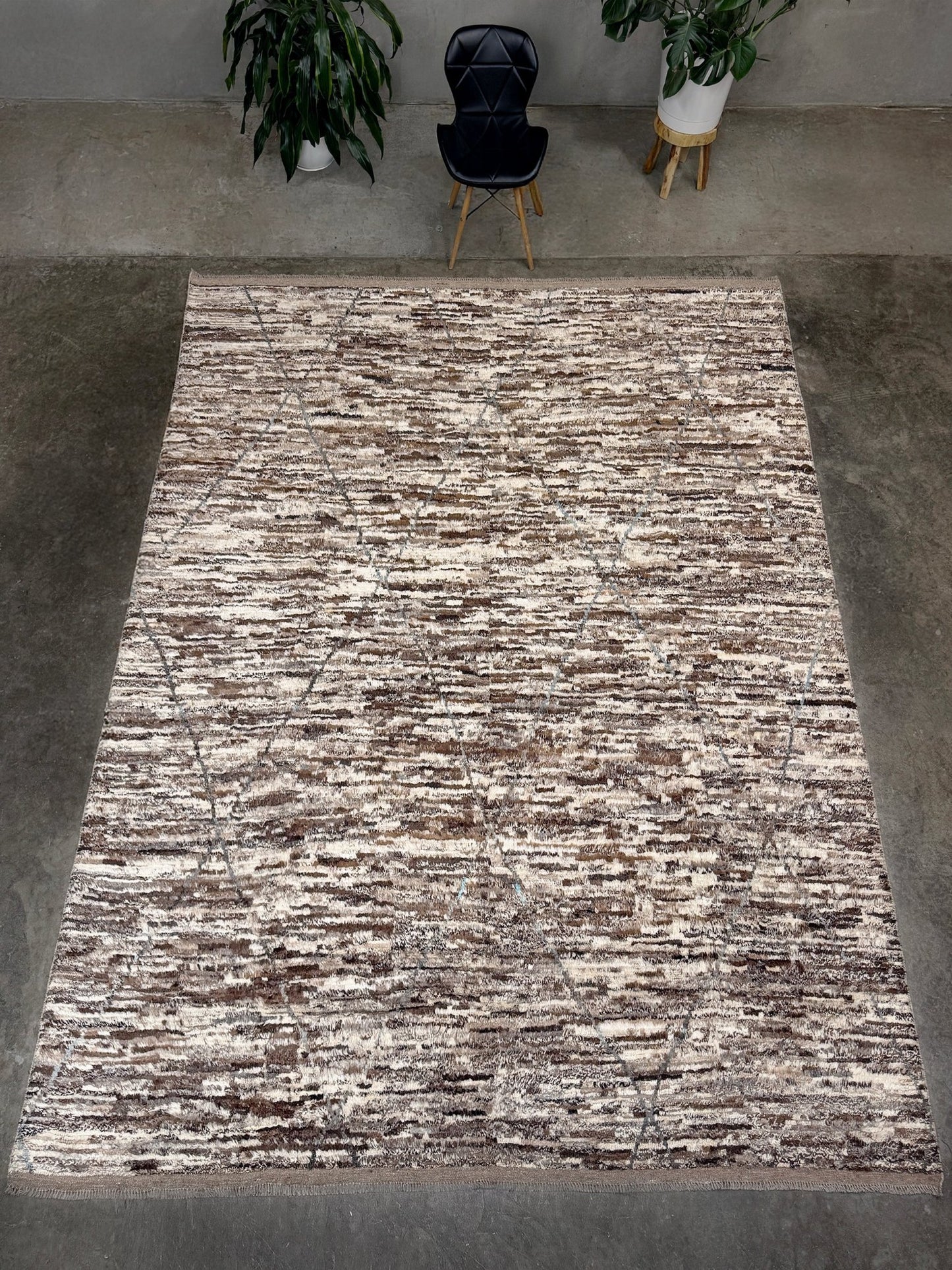 Square 9x10 handmade Turkish Tulu rug with ivory and brown textured wool pile, subtle diamond lattice design — shown at Indigo Rugs, Burlingame — San Francisco Bay Area with free shipping