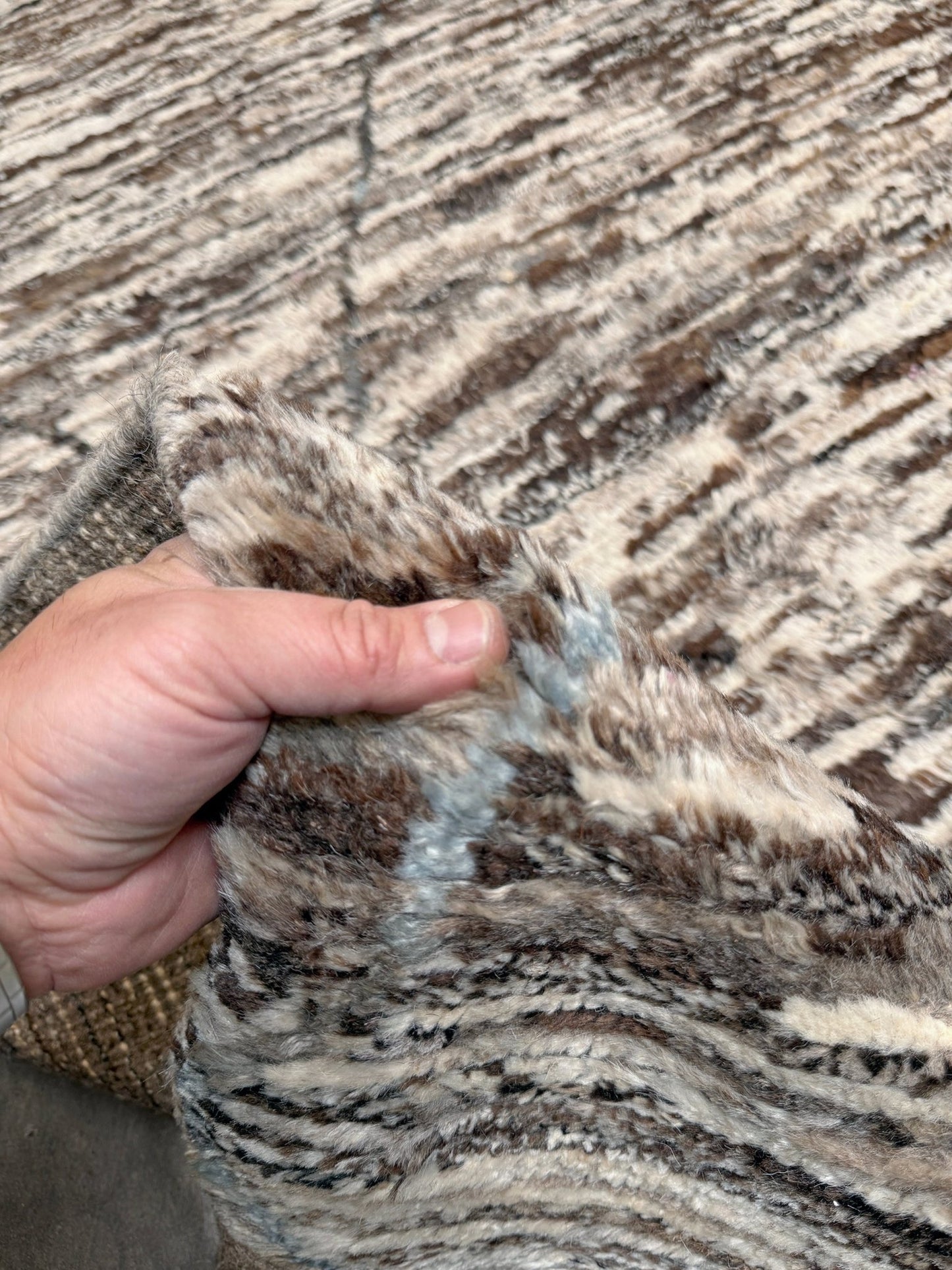 Square 9x10 handmade Turkish Tulu rug with ivory and brown textured wool pile, subtle diamond lattice design — shown at Indigo Rugs, Burlingame — San Francisco Bay Area with free shipping