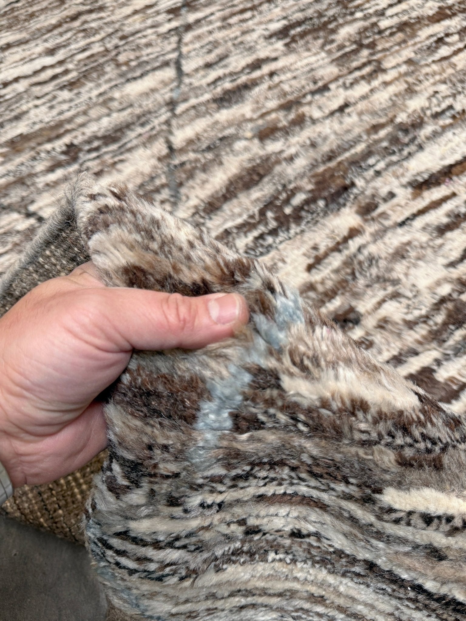 Square 9x10 handmade Turkish Tulu rug with ivory and brown textured wool pile, subtle diamond lattice design — shown at Indigo Rugs, Burlingame — San Francisco Bay Area with free shipping