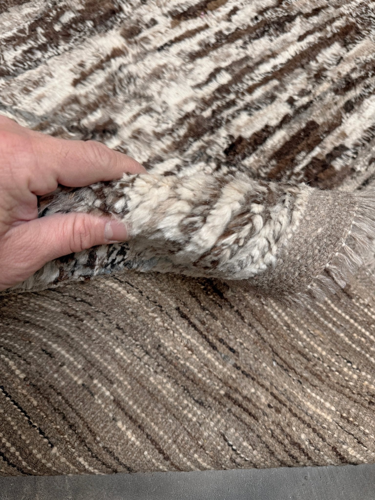 Square 9x10 handmade Turkish Tulu rug with ivory and brown textured wool pile, subtle diamond lattice design — shown at Indigo Rugs, Burlingame — San Francisco Bay Area with free shipping