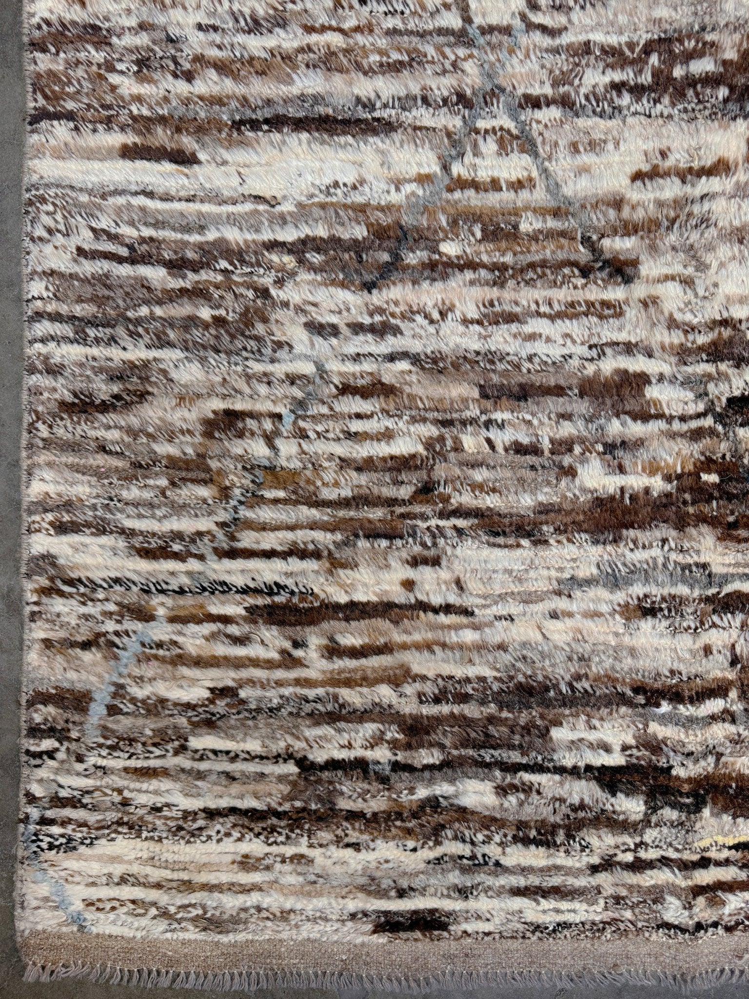 Square 9x10 handmade Turkish Tulu rug with ivory and brown textured wool pile, subtle diamond lattice design — shown at Indigo Rugs, Burlingame — San Francisco Bay Area with free shipping