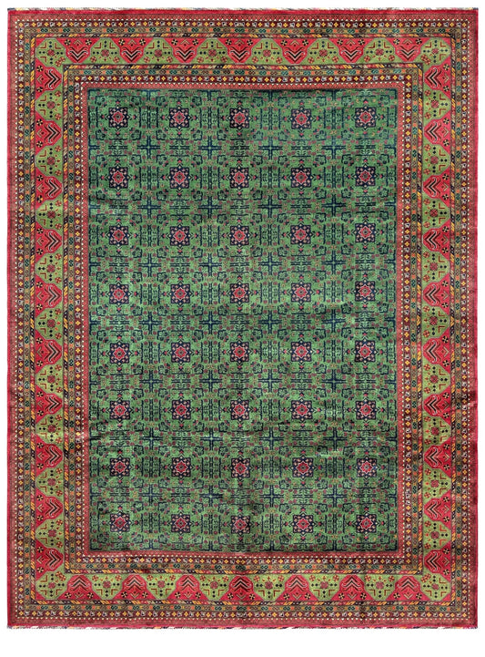 Forest green Bilcik Turkmen rug with cherry red border, geometric tribal motifs, olive green, navy, mustard, burgundy and rust accents, handmade wool 10x14 afrom Indigo Rugs Burlingame Bay Area.