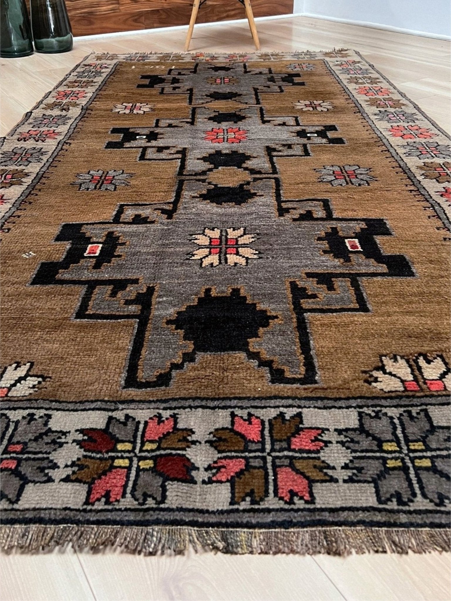 camel brown kars kurdish vintage rug 4x8 rustic handmade anatolian village rug geometric tribal wool rug dated 1981 indigo rugs san francisco bay area