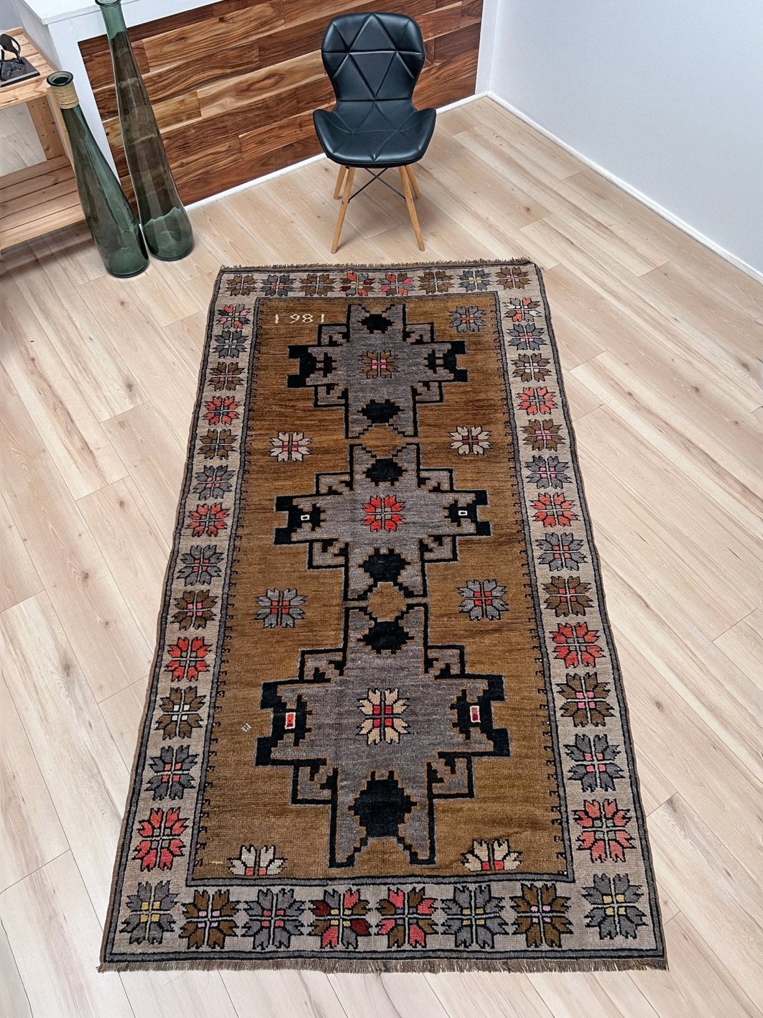 camel brown kars kurdish vintage rug 4x8 rustic handmade anatolian village rug geometric tribal wool rug dated 1981 indigo rugs san francisco bay area