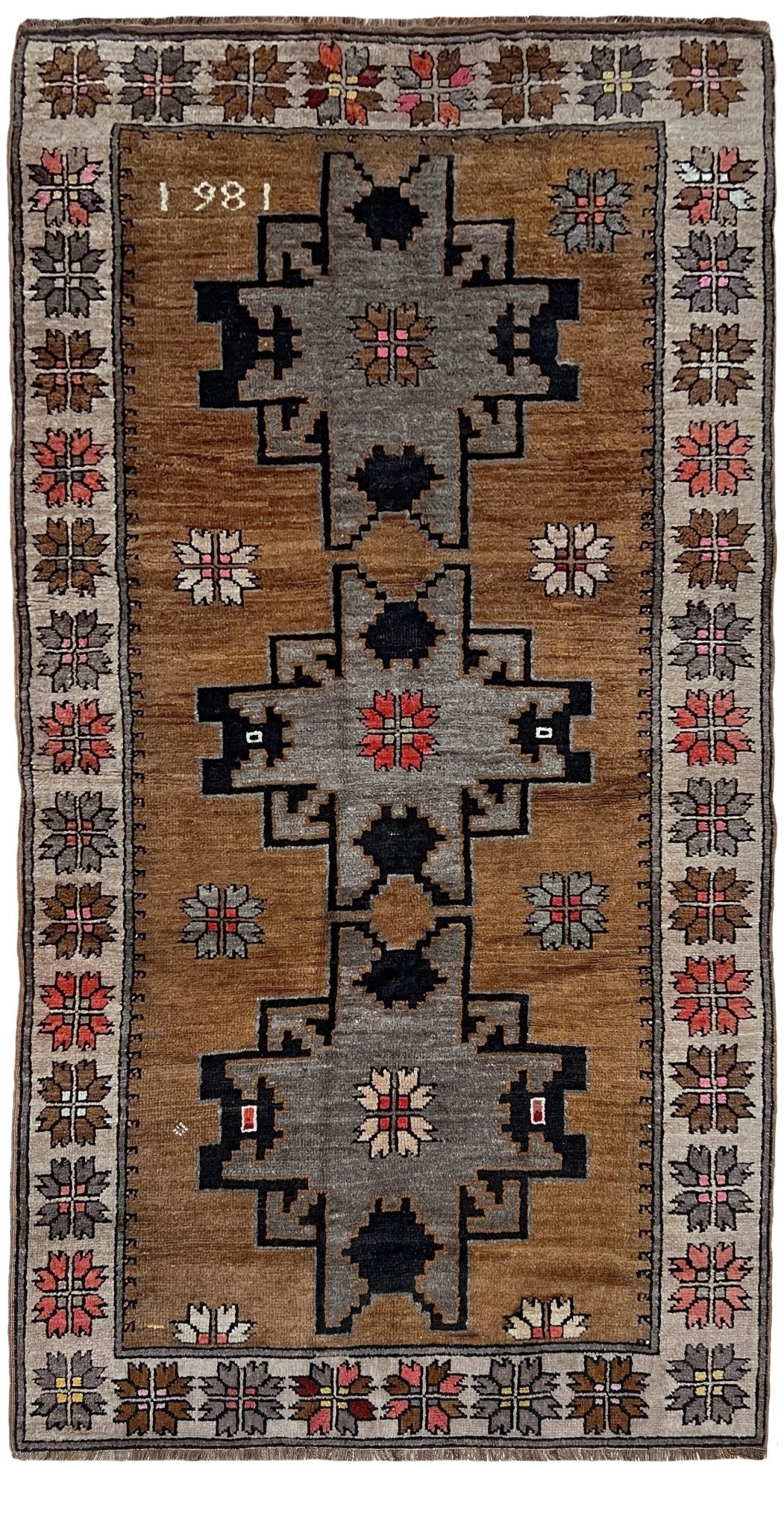 Decorative rug with geometric pattern and '1981' text on a brown background. camel brown kars kurdish vintage rug 4x8 rustic handmade anatolian village rug geometric tribal wool rug dated 1981 indigo rugs san francisco bay area