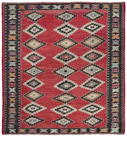 Vintage handmade Pirot kilim rug from the Balkans square 8x8 with Sofra diamond design in madder red, ivory, and indigo hues – tribal wool flatweave, available in Burlingmade, SF Bay Area 
