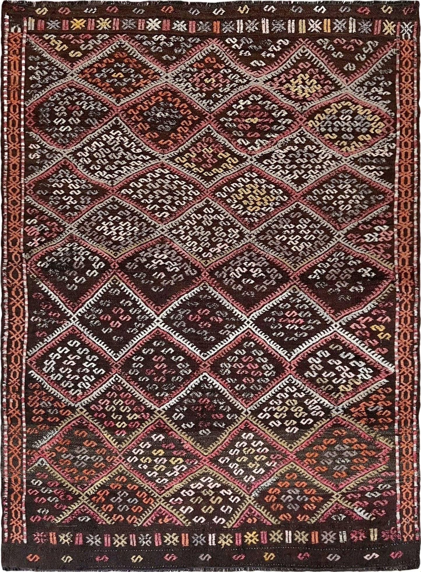 Vintage Turkish cicim kilim rug, approx. 4x5, with deep espresso brown field and diamond motifs in dusty rose, amber, soft terracotta, muted olive green, ivory, and subtle mauve tones. Handwoven wool flatweave from Indigo Rugs, Burlingame — San Francisco Bay Area.