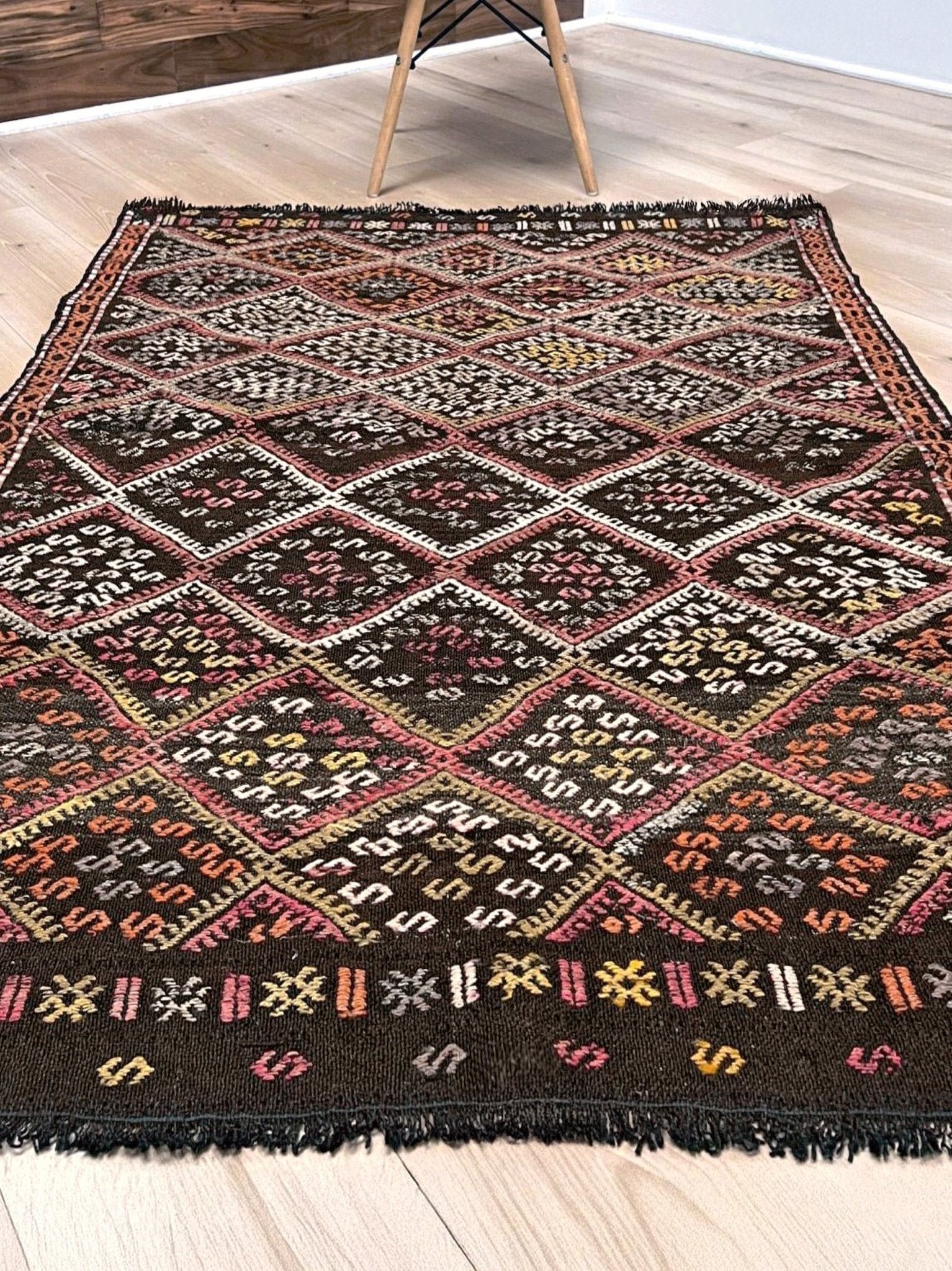Vintage Turkish cicim kilim rug, approx. 4x5 square, with deep espresso brown field and diamond motifs in dusty rose, amber, soft terracotta, muted olive green, ivory, and subtle mauve tones. Handwoven wool flatweave from Indigo Rugs, Burlingame — San Francisco Bay Area.