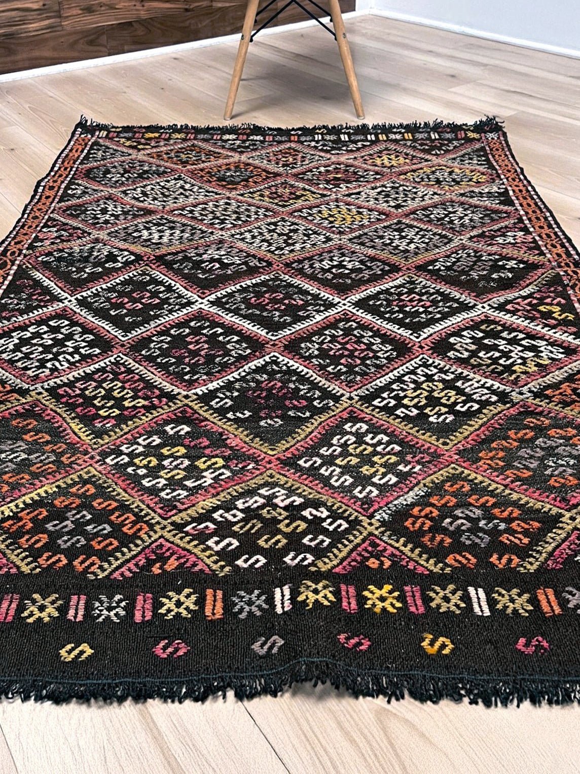 4x6 Vintage Malatya Cicim Turkish kilim rug with embroidered diamond motifs in rose, amber, and ivory on a charcoal brown field — handmade wool flatweave from the 1940s, available at Indigo Rugs, the best rug shop in San Francisco Bay Area, Burlingame CA.