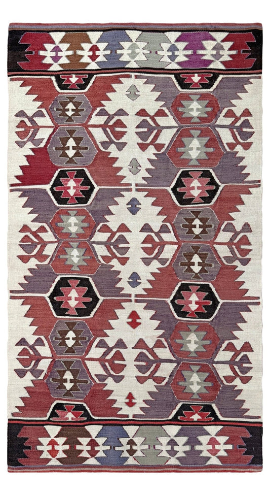 Woven rug with geometric pattern in red, brown, and beige on a black border. Beige 3x5 Navajo style muted turkish kilim handmade wool rug for bedroom nursery kitchen entry tribal flatweave rug  shop san francisco bay area. Buy rugs online free shipping.