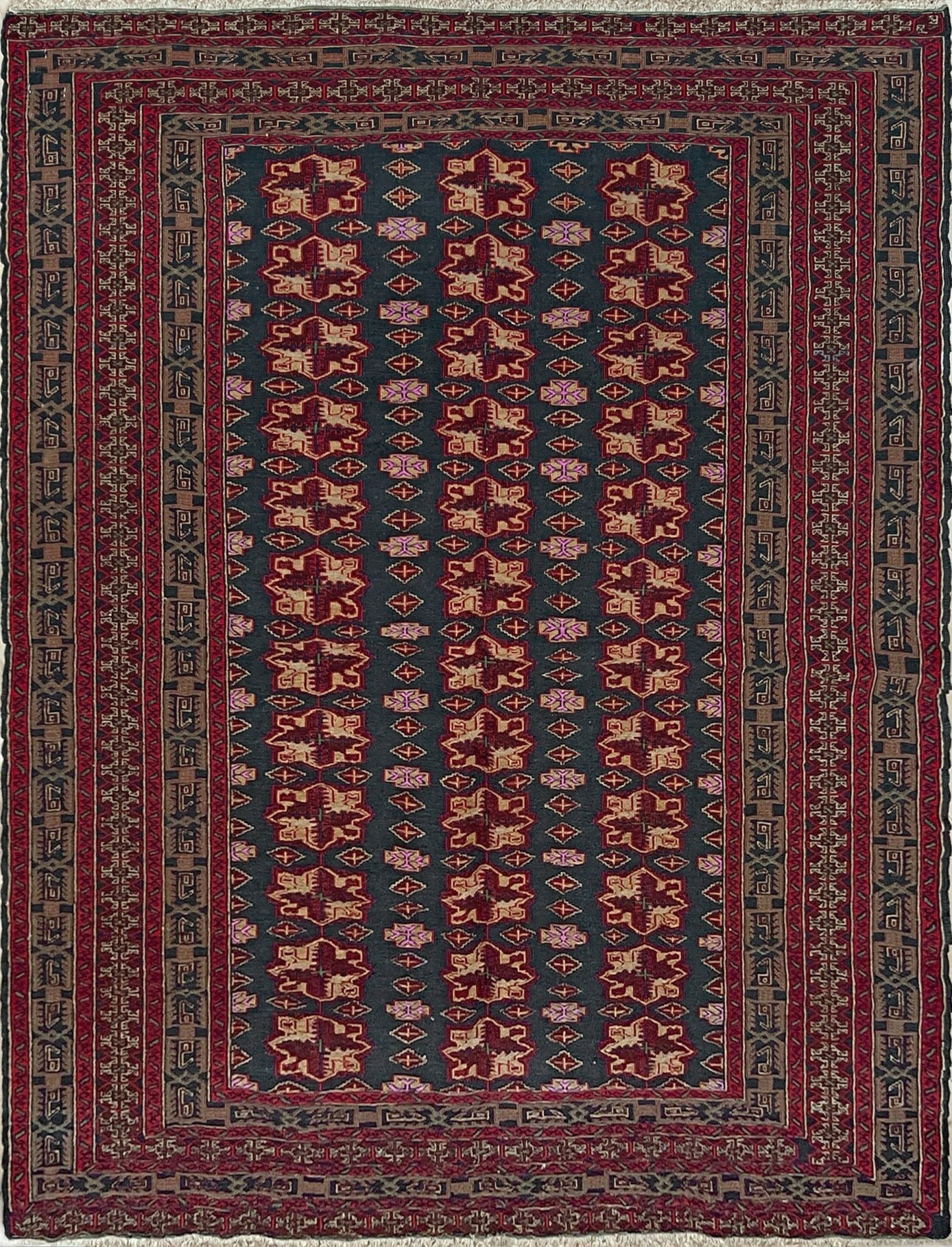 Vintage Caucasian Soumak flatweave rug with charcoal blue field, madder red rose motifs, and intricate tribal borders — handmade wool wall hanging from the 1950s, available at Indigo Rugs, the best rug shop in San Francisco Bay Area, Burlingame CA.