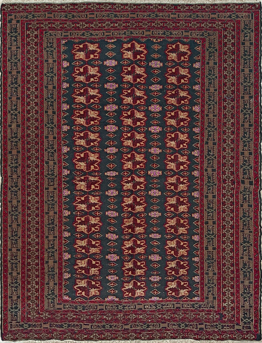 Vintage Caucasian Soumak flatweave rug with charcoal blue field, madder red rose motifs, and intricate tribal borders — handmade wool wall hanging from the 1950s, available at Indigo Rugs, the best rug shop in San Francisco Bay Area, Burlingame CA.
