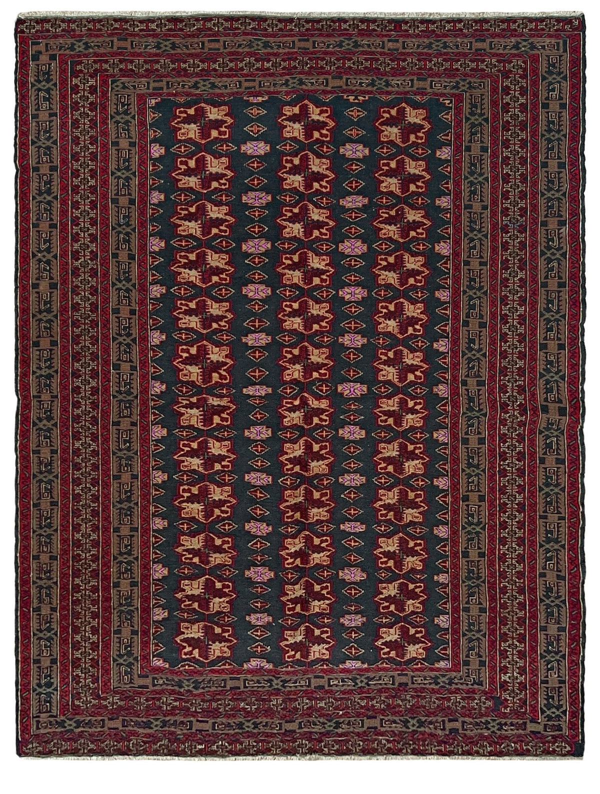 Vintage Caucasian Soumak flatweave rug with dark red, black, brown, madder red rose motifs, and intricate tribal borders — handmade wool wall hanging, Indigo Rugs, the best rug shop in San Francisco Bay Area, Burlingame CA