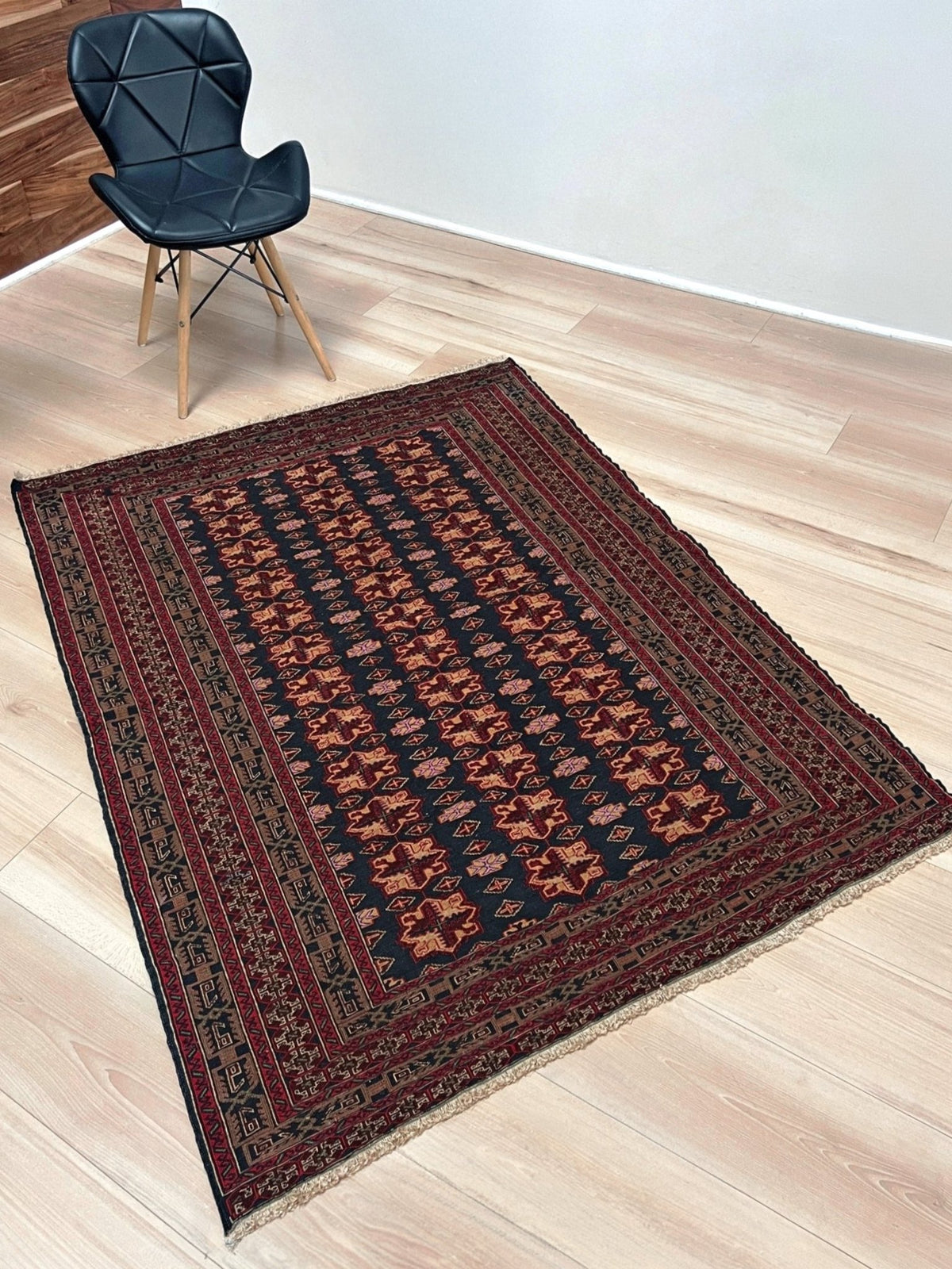 Vintage Caucasian Soumak flatweave rug with dark red, black, brown, madder red rose motifs, and intricate tribal borders — handmade wool wall hanging, Indigo Rugs, the best rug shop in San Francisco Bay Area, Burlingame CA