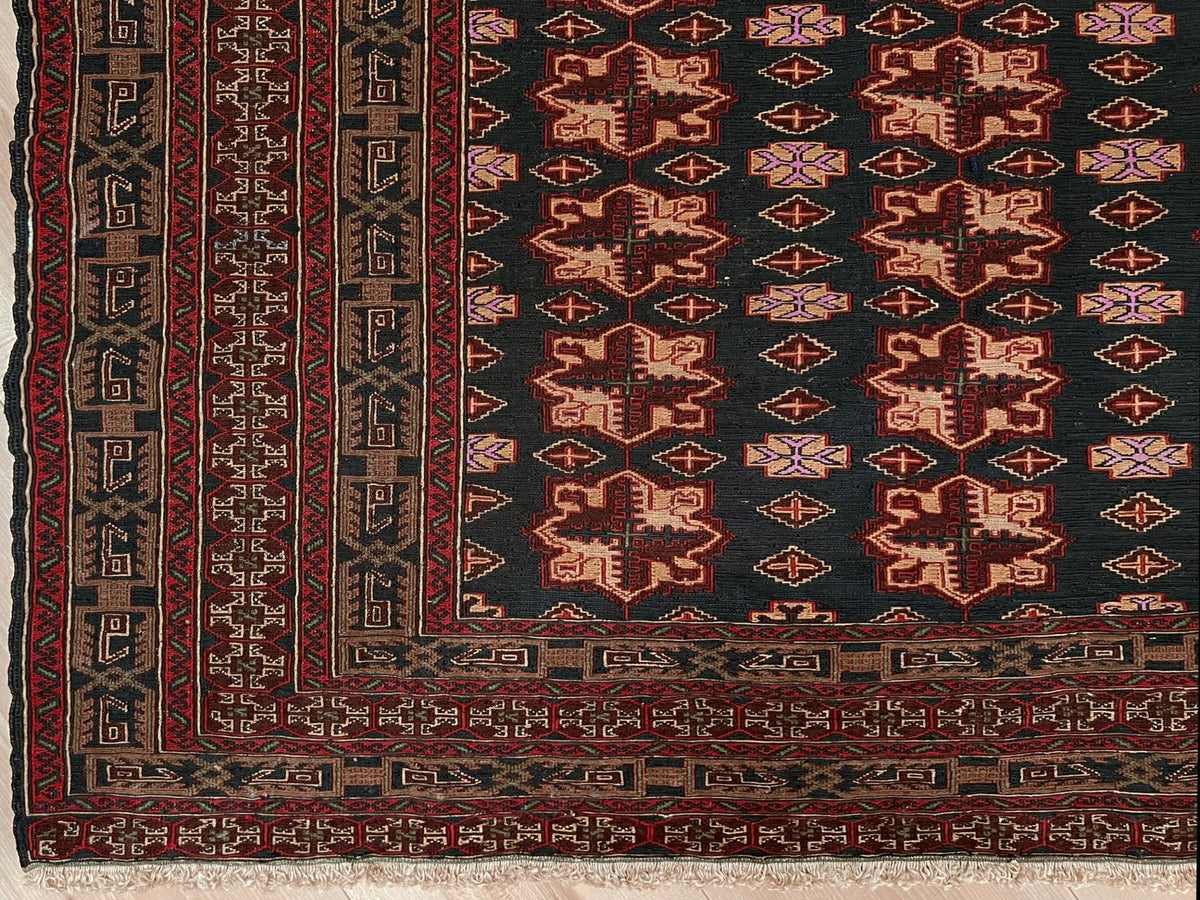 Vintage Caucasian Soumak flatweave rug with dark red, black, brown, madder red rose motifs, and intricate tribal borders — handmade wool wall hanging, Indigo Rugs, the best rug shop in San Francisco Bay Area, Burlingame CA