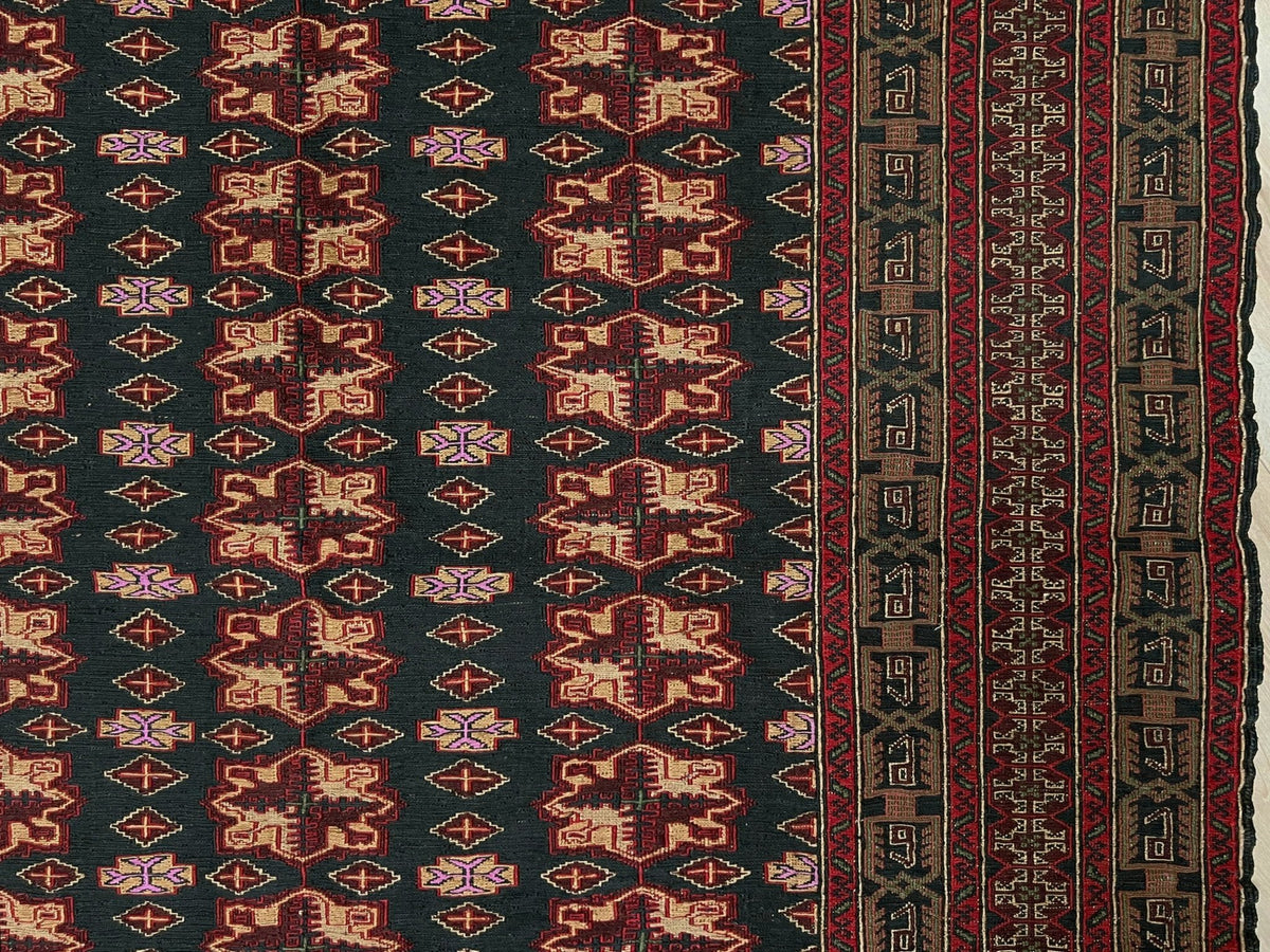 Vintage Caucasian Soumak flatweave rug with dark red, black, brown, madder red rose motifs, and intricate tribal borders — handmade wool wall hanging, Indigo Rugs, the best rug shop in San Francisco Bay Area, Burlingame CA