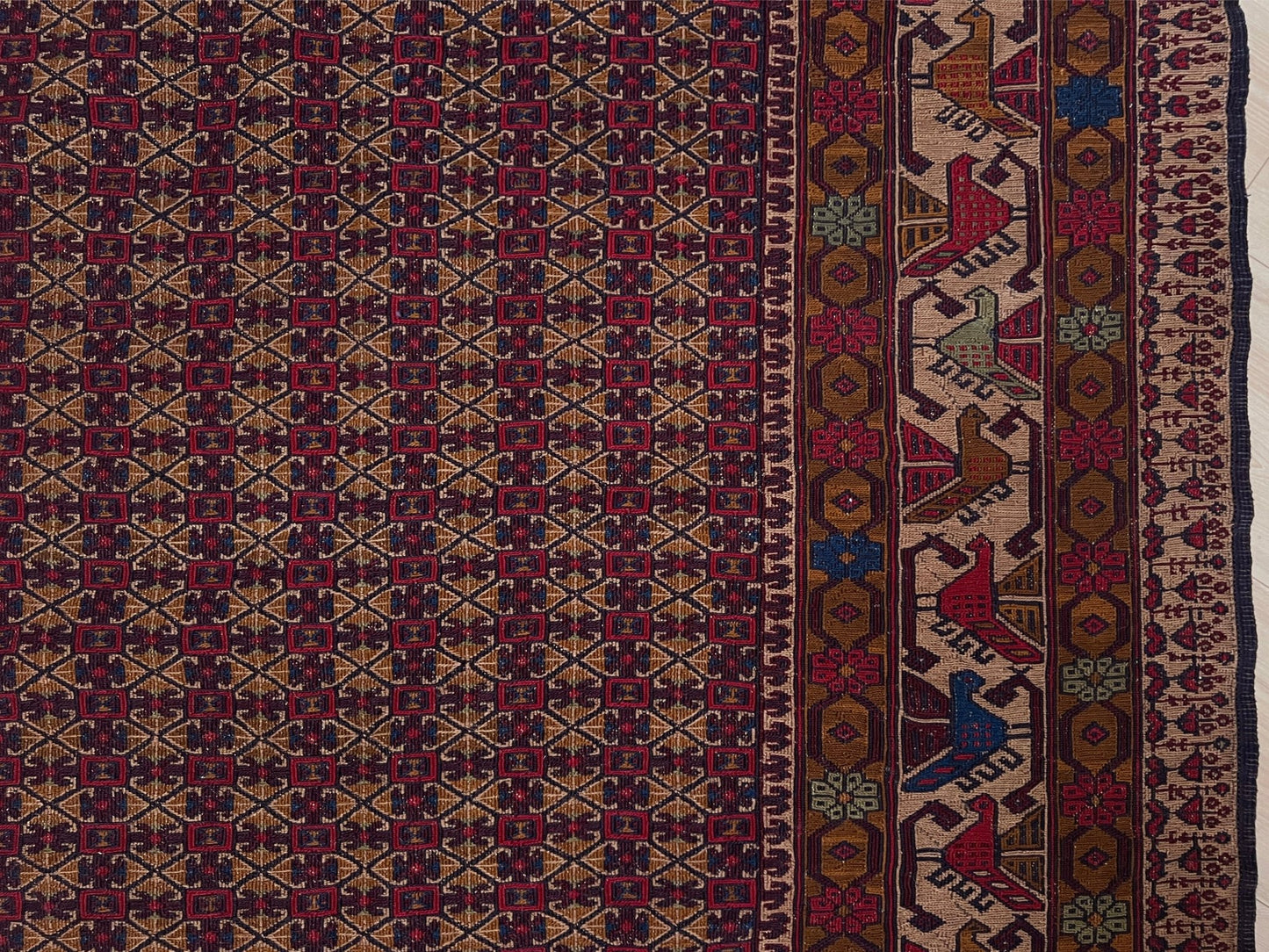 4x6 Vintage Armenian soumak rug with geometric motifs and stylized birds in burgundy, navy, ivory.  Scatter handmade wool rug for living room, bedroom, study under coffee table. Vintage rug shop SF bay area burlingame ca.