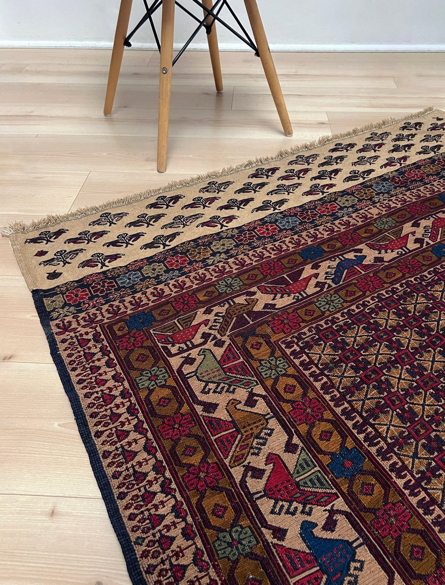 4x6 Vintage Armenian soumak rug with geometric motifs and stylized birds in burgundy, navy, ivory.  Scatter handmade wool rug for living room, bedroom, study under coffee table. Vintage rug shop SF bay area burlingame ca.