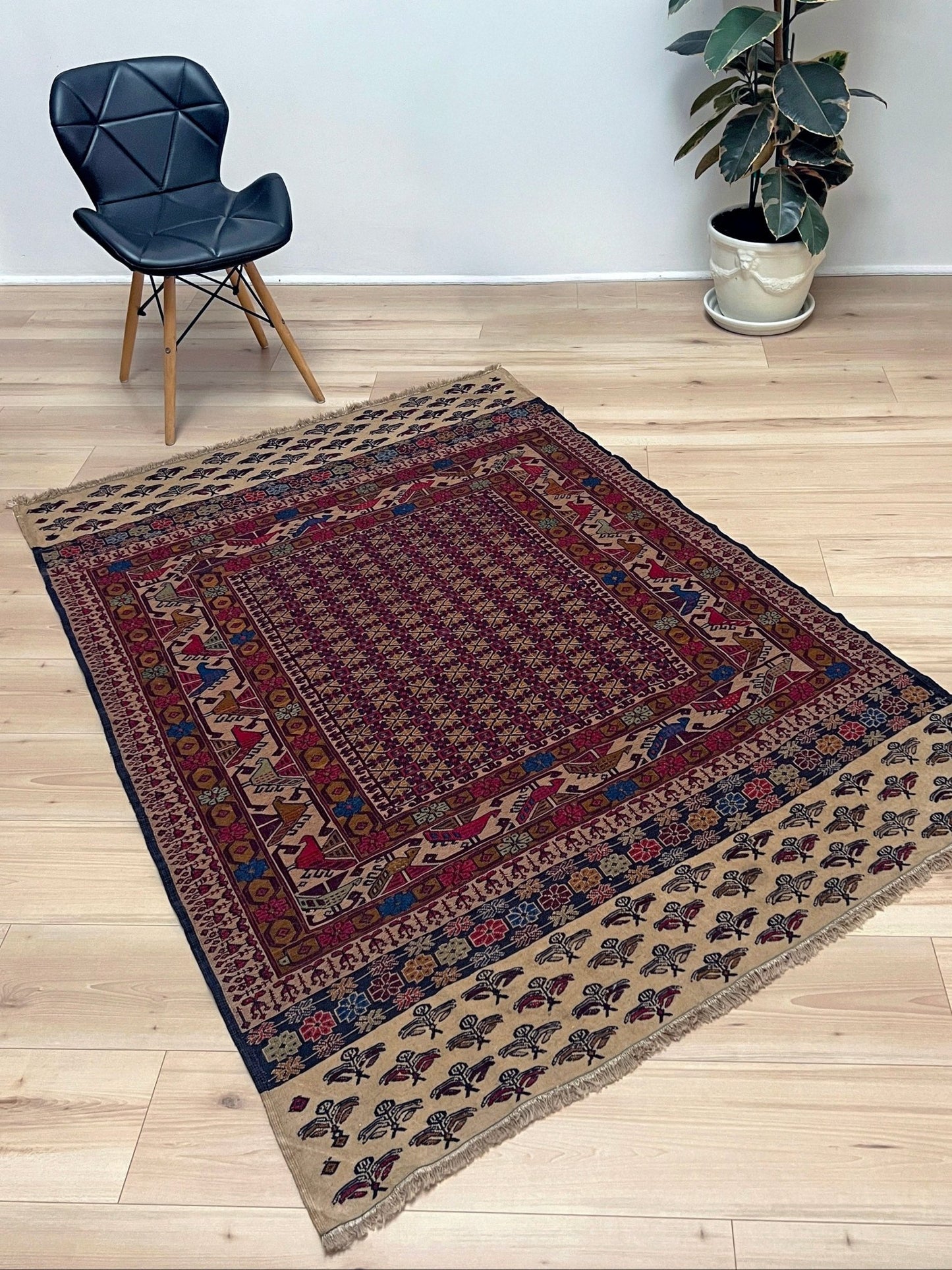 4x6 Vintage Armenian soumak rug with geometric motifs and stylized birds in burgundy, navy, ivory.  Scatter handmade wool rug for living room, bedroom, study under coffee table. Vintage rug shop SF bay area burlingame ca.