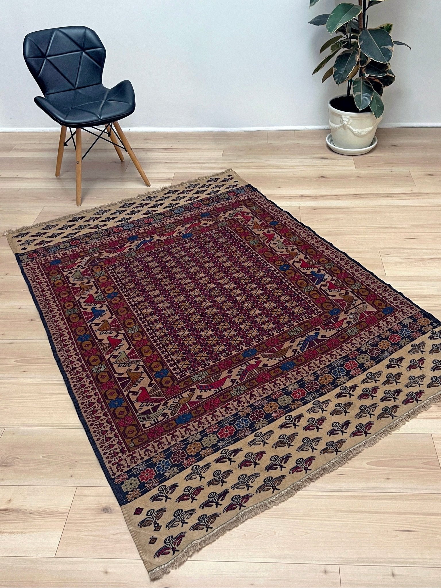 4x6 Vintage Armenian soumak rug with geometric motifs and stylized birds in burgundy, navy, ivory.  Scatter handmade wool rug for living room, bedroom, study under coffee table. Vintage rug shop SF bay area burlingame ca.