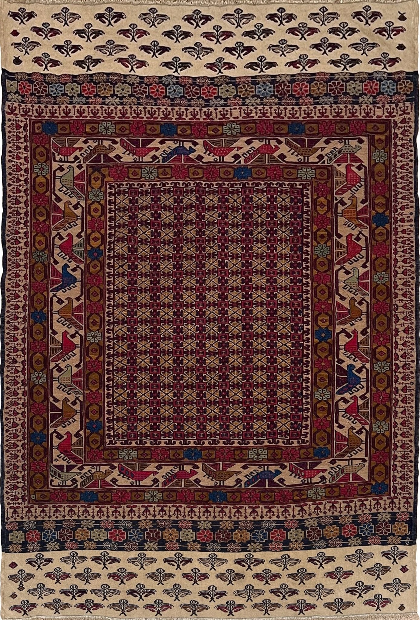 4x6 Vintage Armenian soumak rug with geometric motifs and stylized birds in burgundy, navy, ivory.  Scatter handmade wool rug for living room, bedroom, study under coffee table. Vintage rug shop SF bay area burlingame ca.