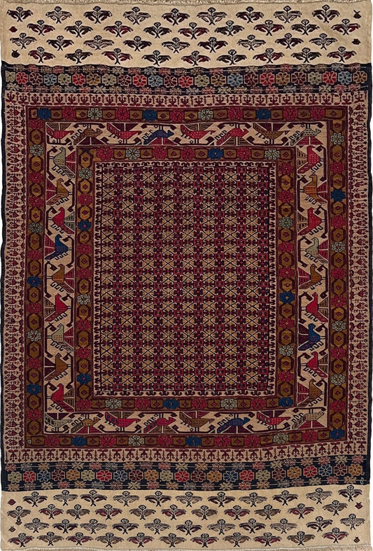 4x6 Vintage Armenian soumak rug with geometric motifs and stylized birds in burgundy, navy, ivory.  Scatter handmade wool rug for living room, bedroom, study under coffee table. Vintage rug shop SF bay area burlingame ca.