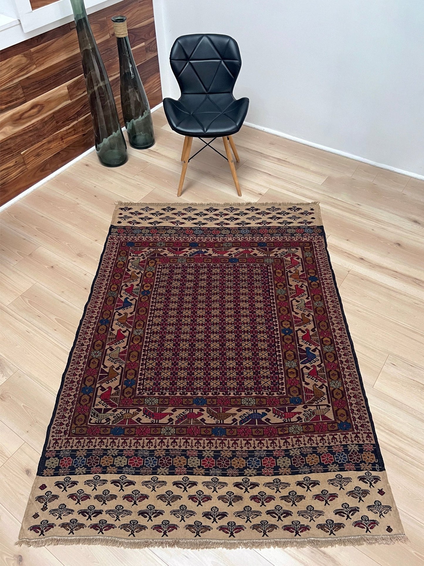 4x6 Vintage Armenian soumak rug with geometric motifs and stylized birds in burgundy, navy, ivory.  Scatter handmade wool rug for living room, bedroom, study under coffee table. Vintage rug shop SF bay area burlingame ca.