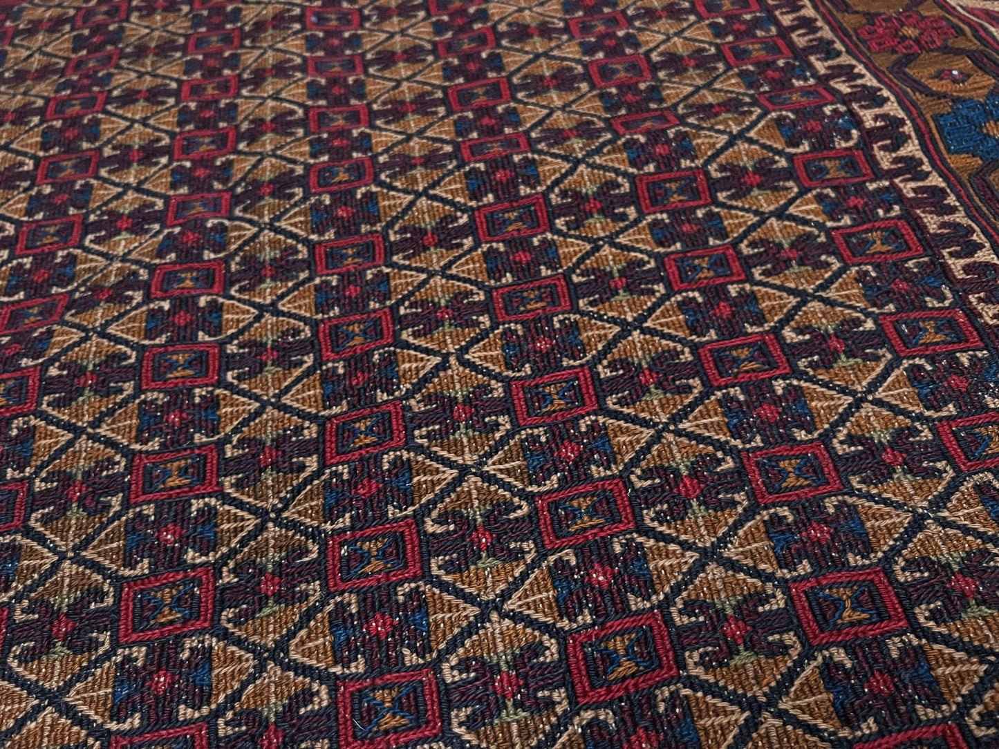 4x6 Vintage Armenian soumak rug with geometric motifs and stylized birds in burgundy, navy, ivory.  Scatter handmade wool rug for living room, bedroom, study under coffee table. Vintage rug shop SF bay area burlingame ca.