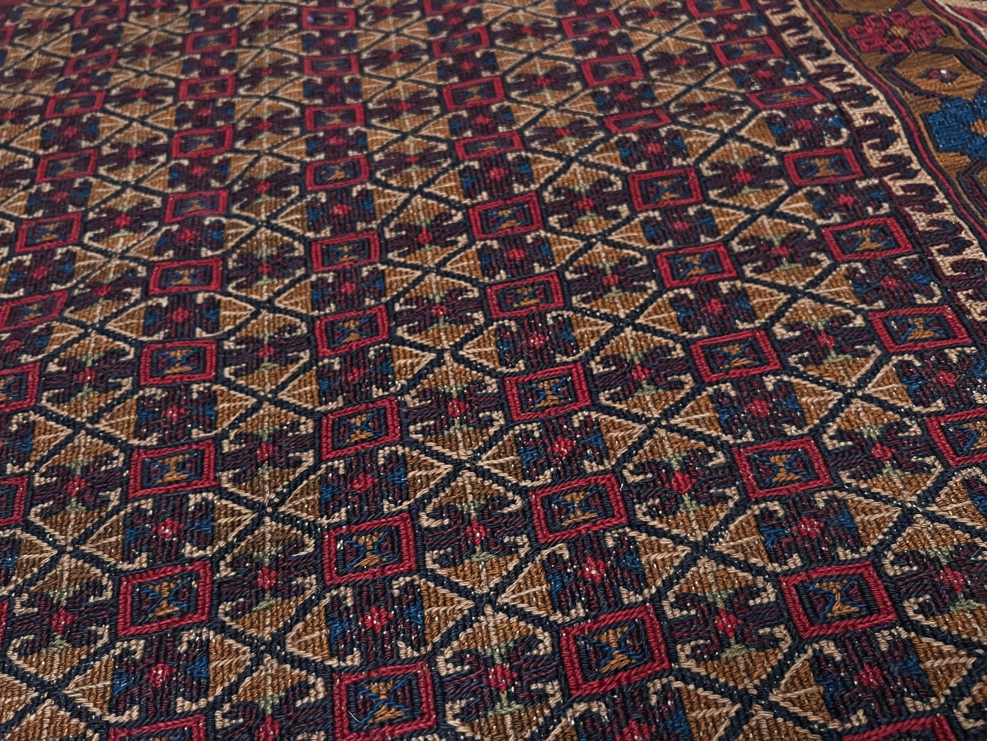 4x6 Vintage Armenian soumak rug with geometric motifs and stylized birds in burgundy, navy, ivory.  Scatter handmade wool rug for living room, bedroom, study under coffee table. Vintage rug shop SF bay area burlingame ca.