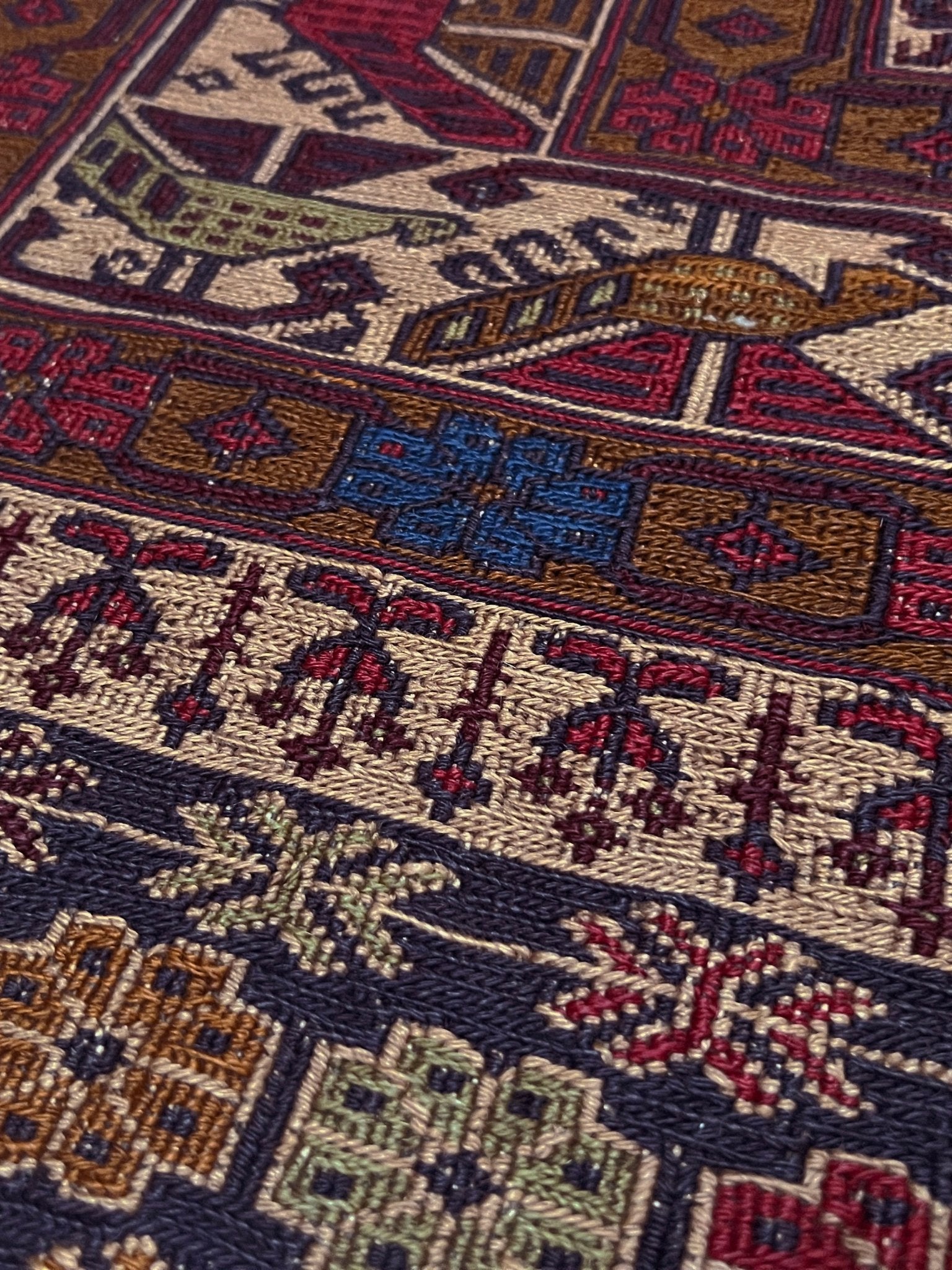 4x6 Vintage Armenian soumak rug with geometric motifs and stylized birds in burgundy, navy, ivory.  Scatter handmade wool rug for living room, bedroom, study under coffee table. Vintage rug shop SF bay area burlingame ca.