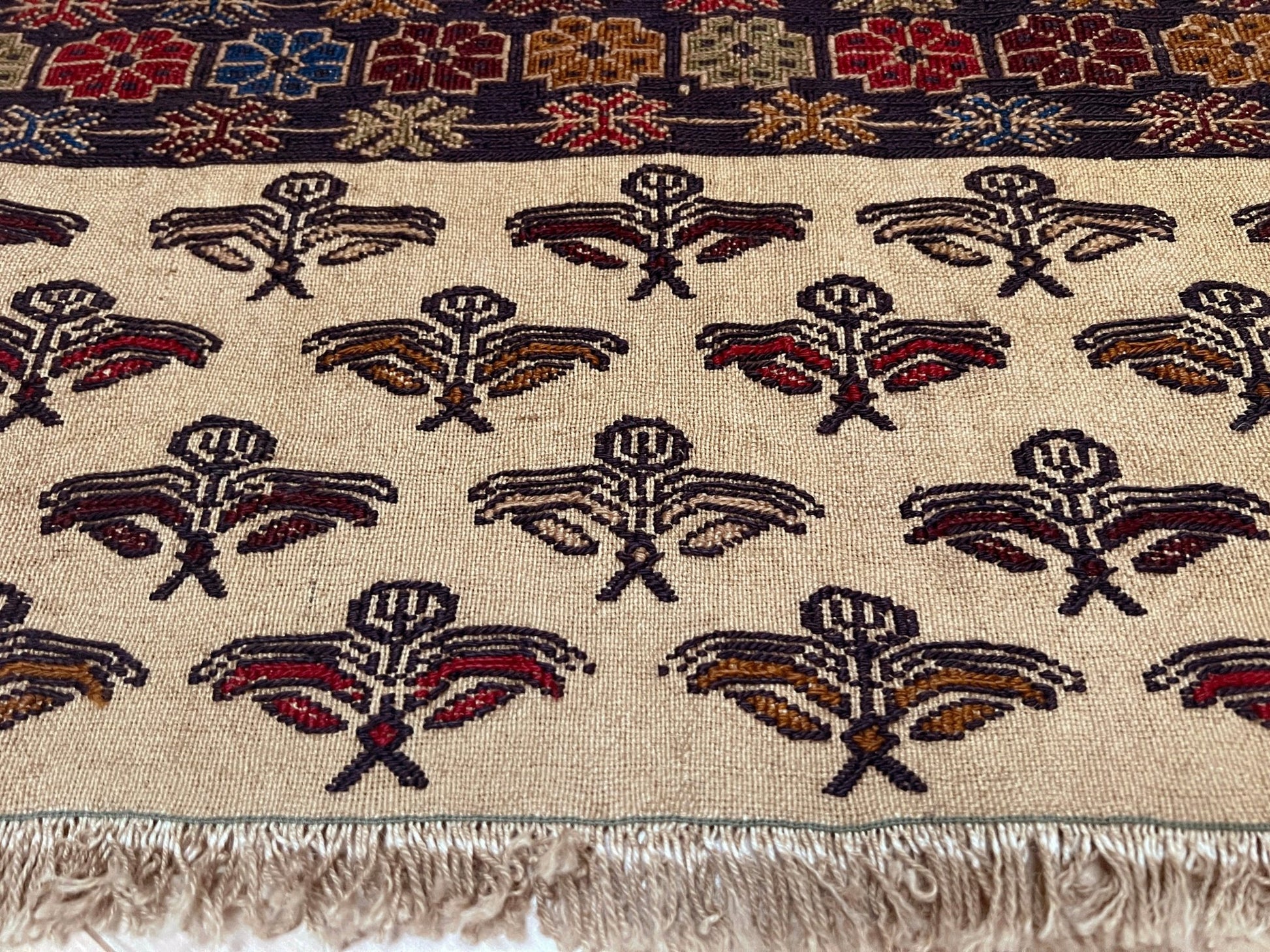 4x6 Vintage Armenian soumak rug with geometric motifs and stylized birds in burgundy, navy, ivory.  Scatter handmade wool rug for living room, bedroom, study under coffee table. Vintage rug shop SF bay area burlingame ca.