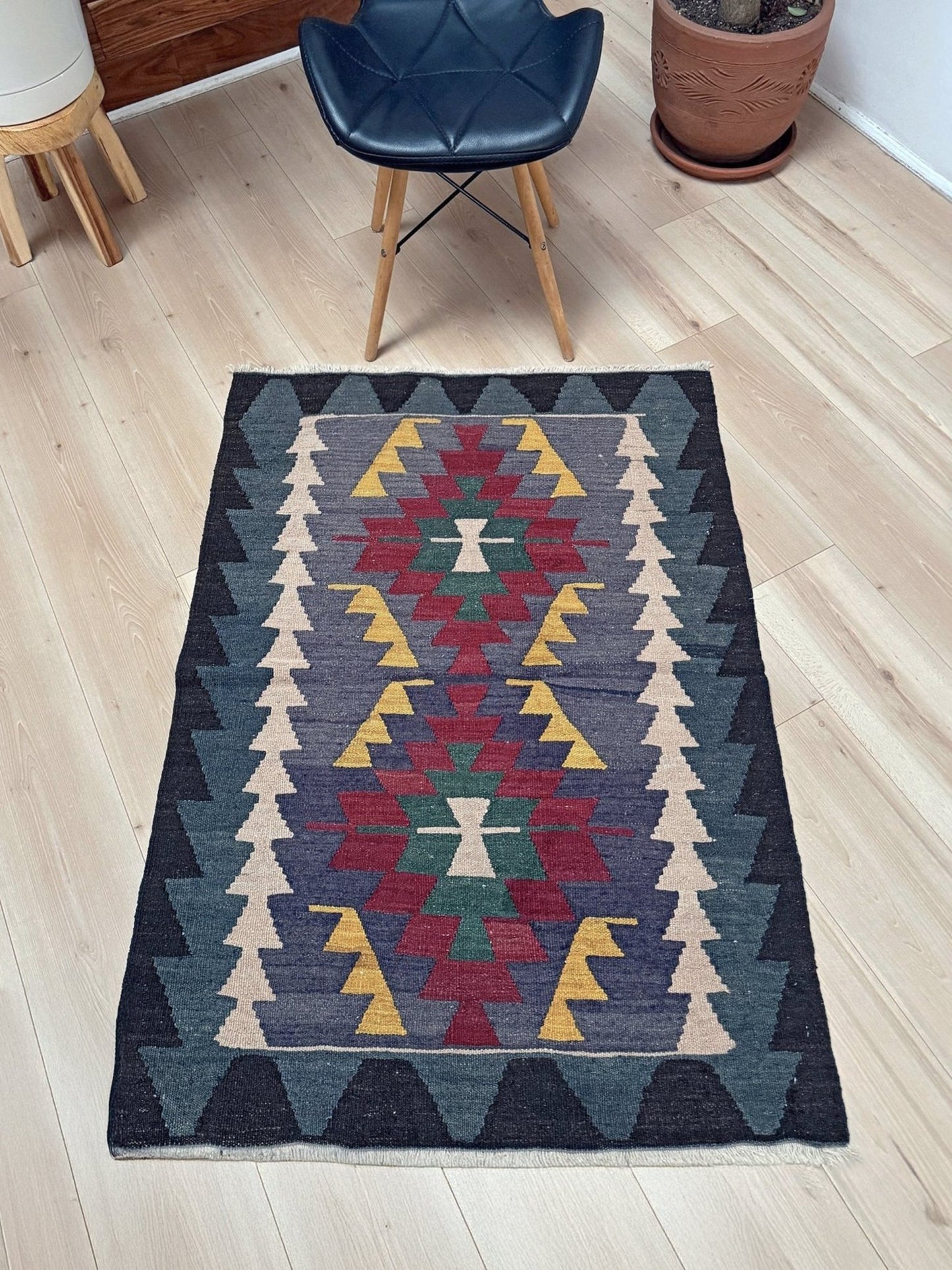 3x4 purple Navajo style tribal vintage turkish kilim wool rug for bedroom nursery kitchen entry tribal flatweave rug  shop san francisco bay area. Handmade wool flatweave rug.