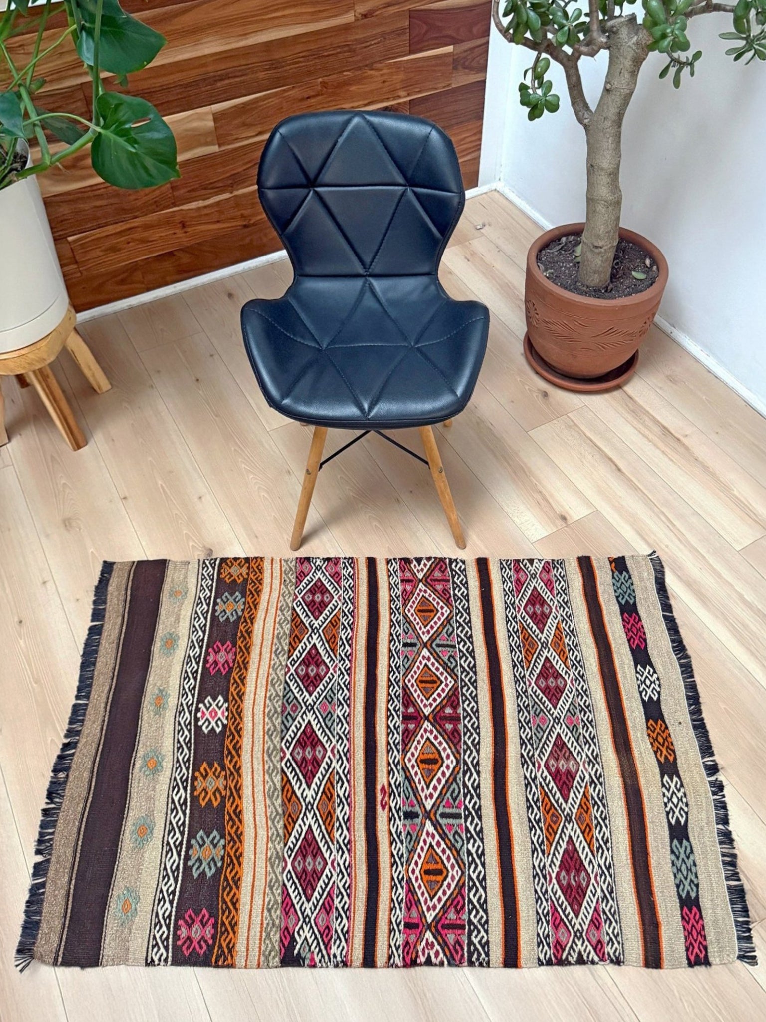 3x4 Vintage Kars Cicim kilim rug with tribal embroidered bands in espresso brown, ivory, rust orange, and fuchsia — handwoven wool flatweave on goat hair foundation from Eastern Turkey, available at Indigo Rugs, Burlingame CA.
