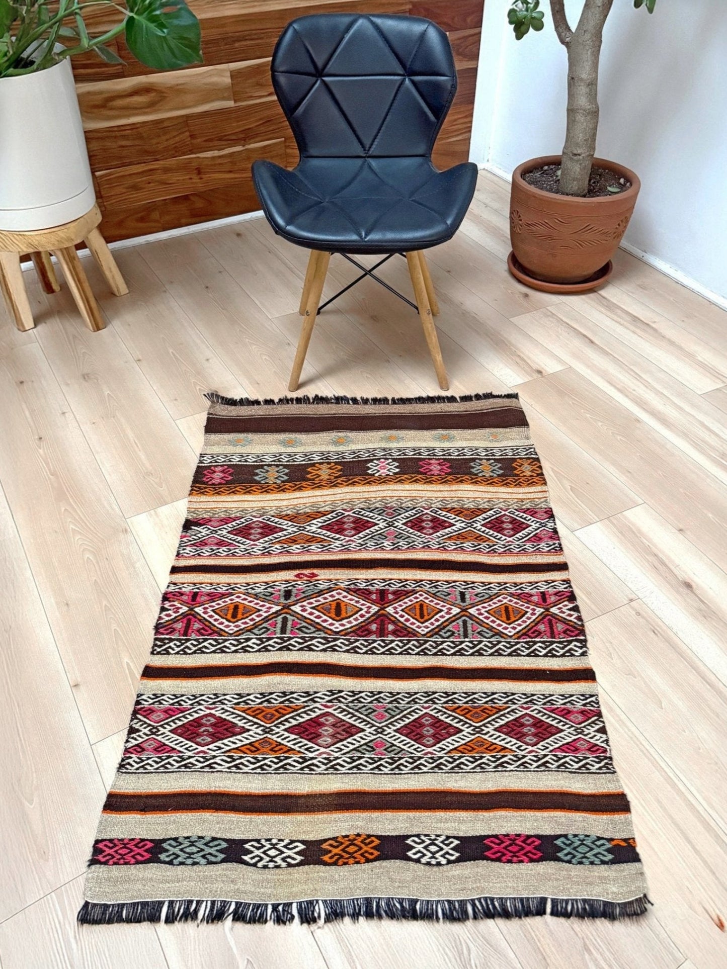 3x4 Vintage Kars Cicim kilim rug with tribal embroidered bands in espresso brown, ivory, rust orange, and fuchsia — handwoven wool flatweave on goat hair foundation from Eastern Turkey, available at Indigo Rugs, Burlingame CA.