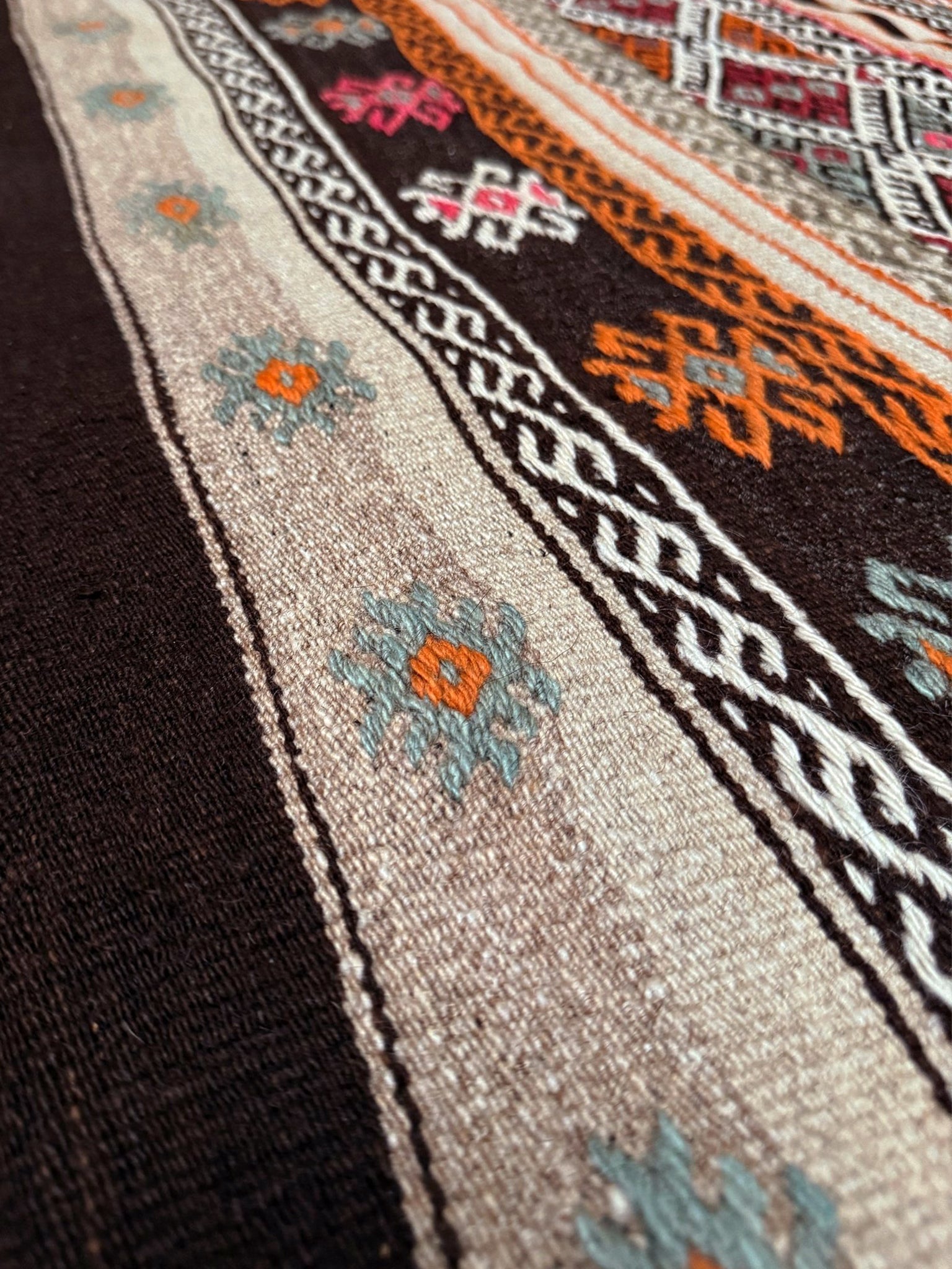 3x4 Vintage Kars Cicim kilim rug with tribal embroidered bands in espresso brown, ivory, rust orange, and fuchsia — handwoven wool flatweave on goat hair foundation from Eastern Turkey, available at Indigo Rugs, Burlingame CA.