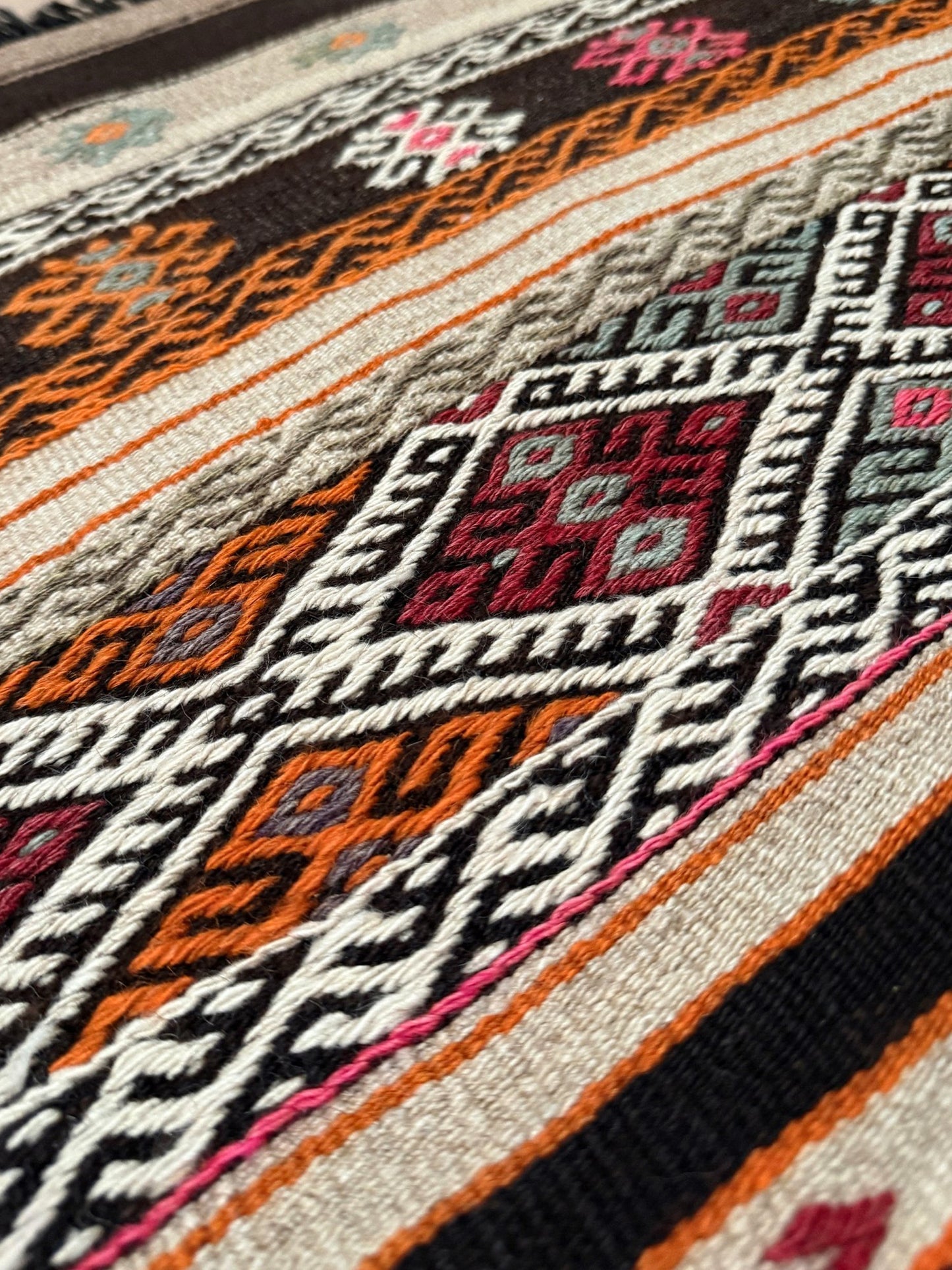3x4 Vintage Kars Cicim kilim rug with tribal embroidered bands in espresso brown, ivory, rust orange, and fuchsia — handwoven wool flatweave on goat hair foundation from Eastern Turkey, available at Indigo Rugs, Burlingame CA.