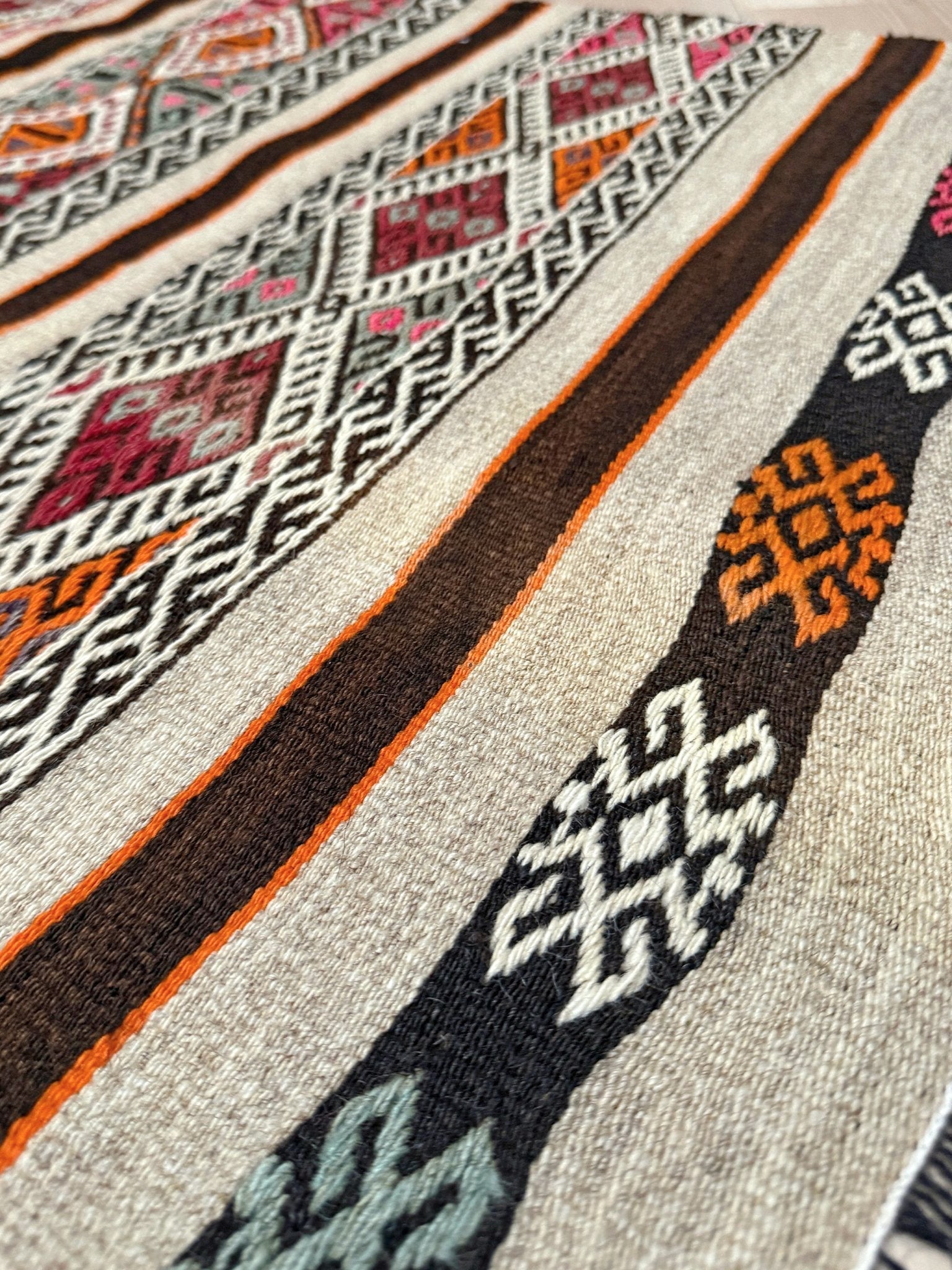 3x4 Vintage Kars Cicim kilim rug with tribal embroidered bands in espresso brown, ivory, rust orange, and fuchsia — handwoven wool flatweave on goat hair foundation from Eastern Turkey, available at Indigo Rugs, Burlingame CA.