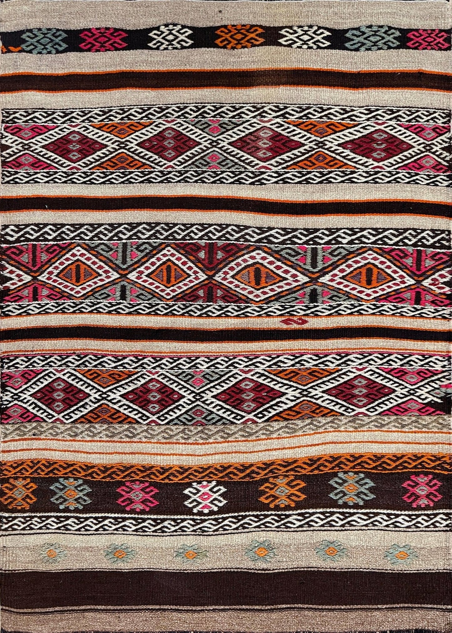 3x4 Vintage Kars Cicim kilim rug with tribal embroidered bands in espresso brown, ivory, rust orange, and fuchsia — handwoven wool flatweave on goat hair foundation from Eastern Turkey, available at Indigo Rugs, Burlingame CA.