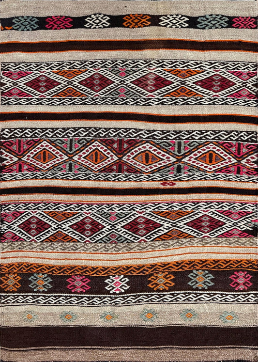 3x4 Vintage Kars Cicim kilim rug with tribal embroidered bands in espresso brown, ivory, rust orange, and fuchsia — handwoven wool flatweave on goat hair foundation from Eastern Turkey, available at Indigo Rugs, Burlingame CA.