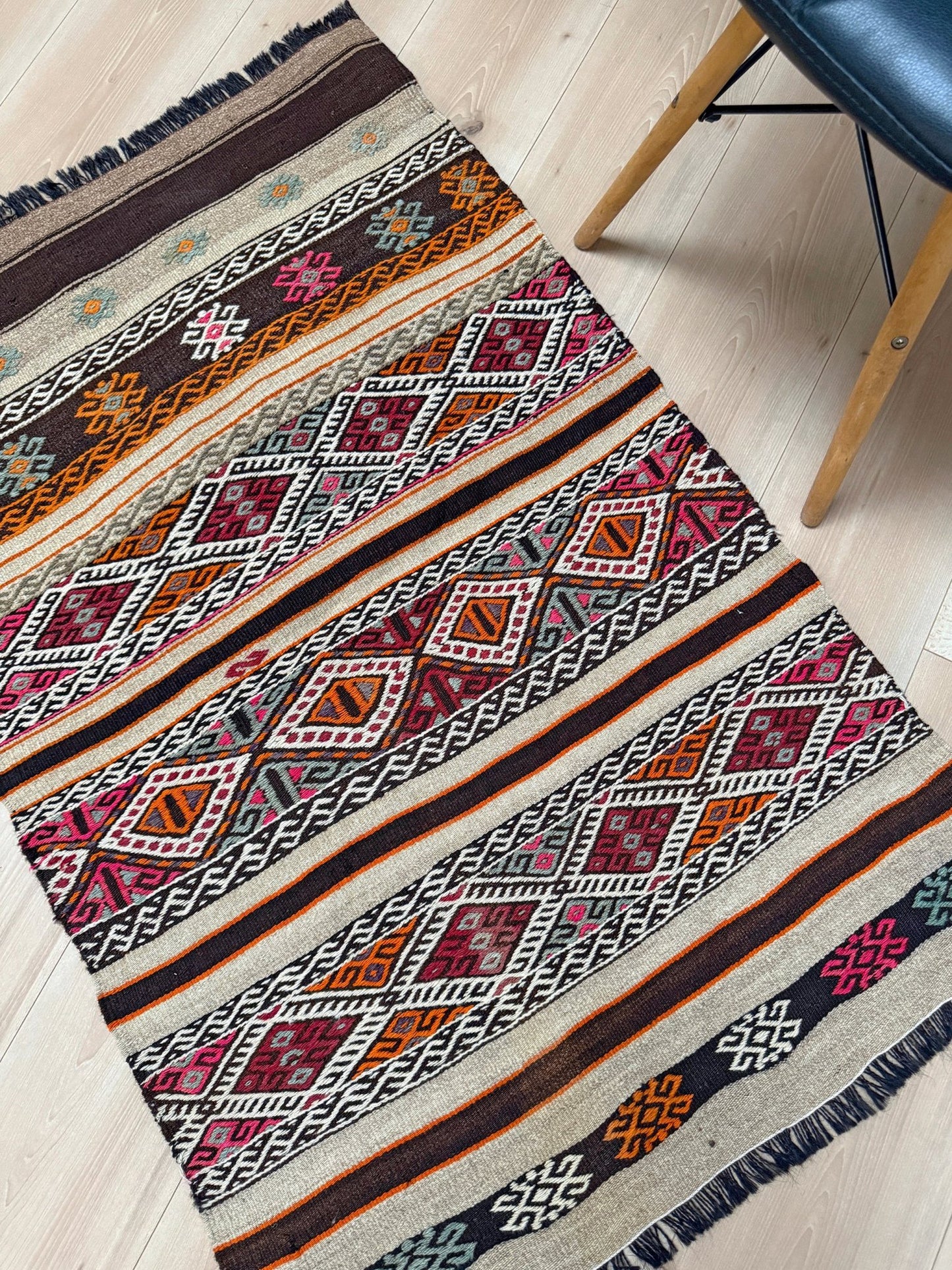 3x4 Vintage Kars Cicim kilim rug with tribal embroidered bands in espresso brown, ivory, rust orange, and fuchsia — handwoven wool flatweave on goat hair foundation from Eastern Turkey, available at Indigo Rugs, Burlingame CA.